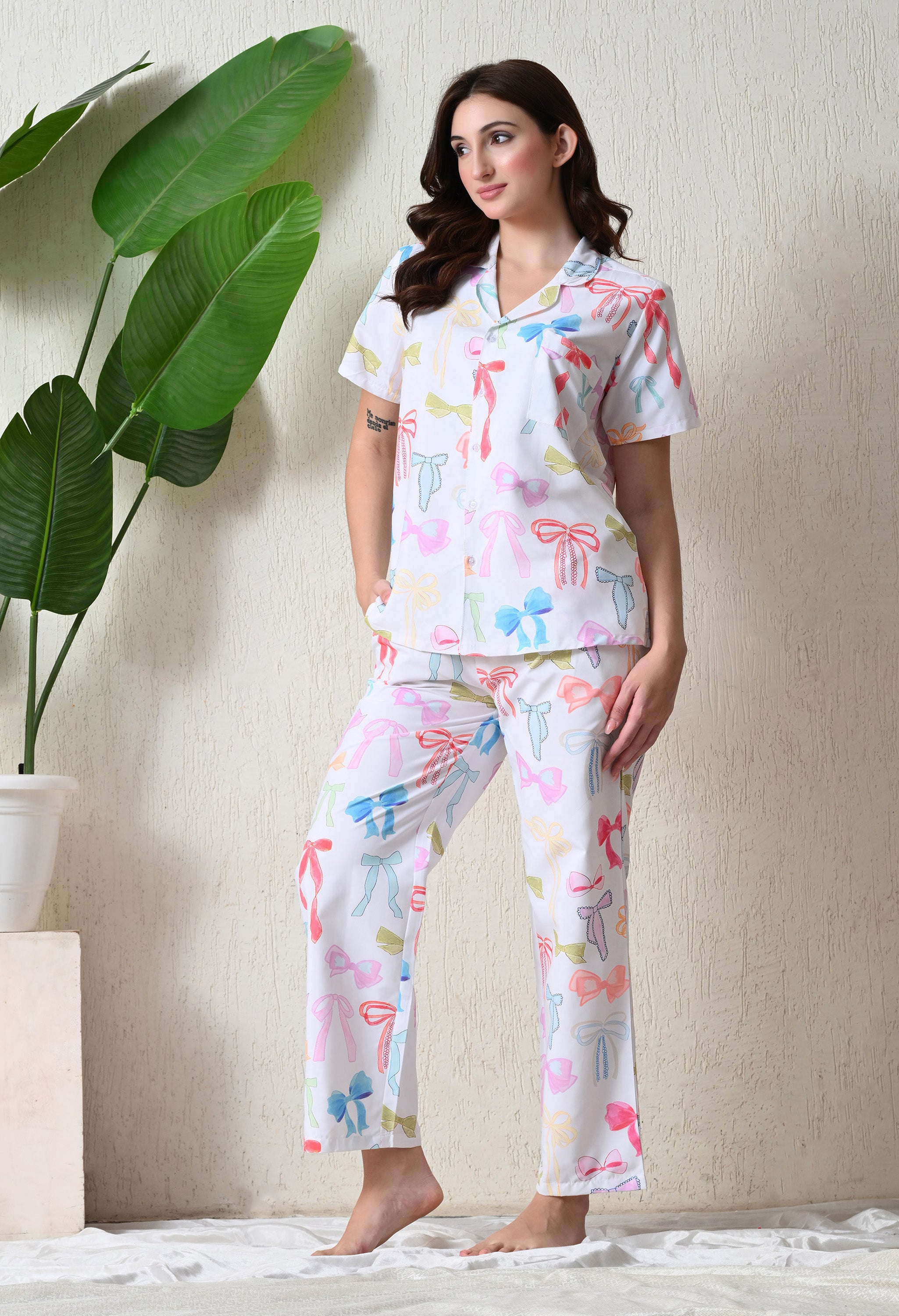 Off White Pastel Bow Printed Japanese Blend Cotton Nightsuit Set by Ameerah