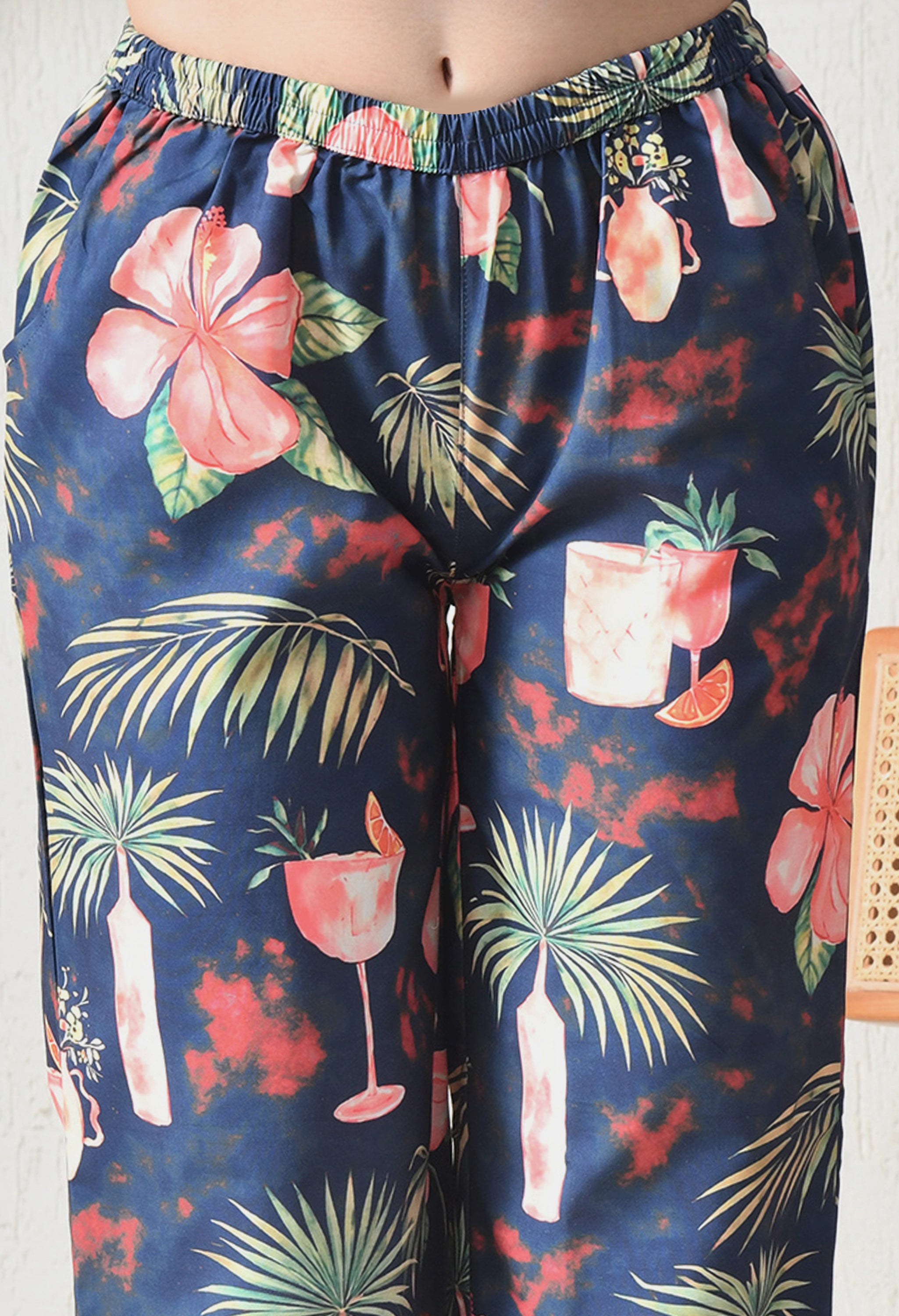 Navy Blue Tropical Cocktail Printed Japanese Blend Cotton Shirt & Pyjama Set by Ameerah