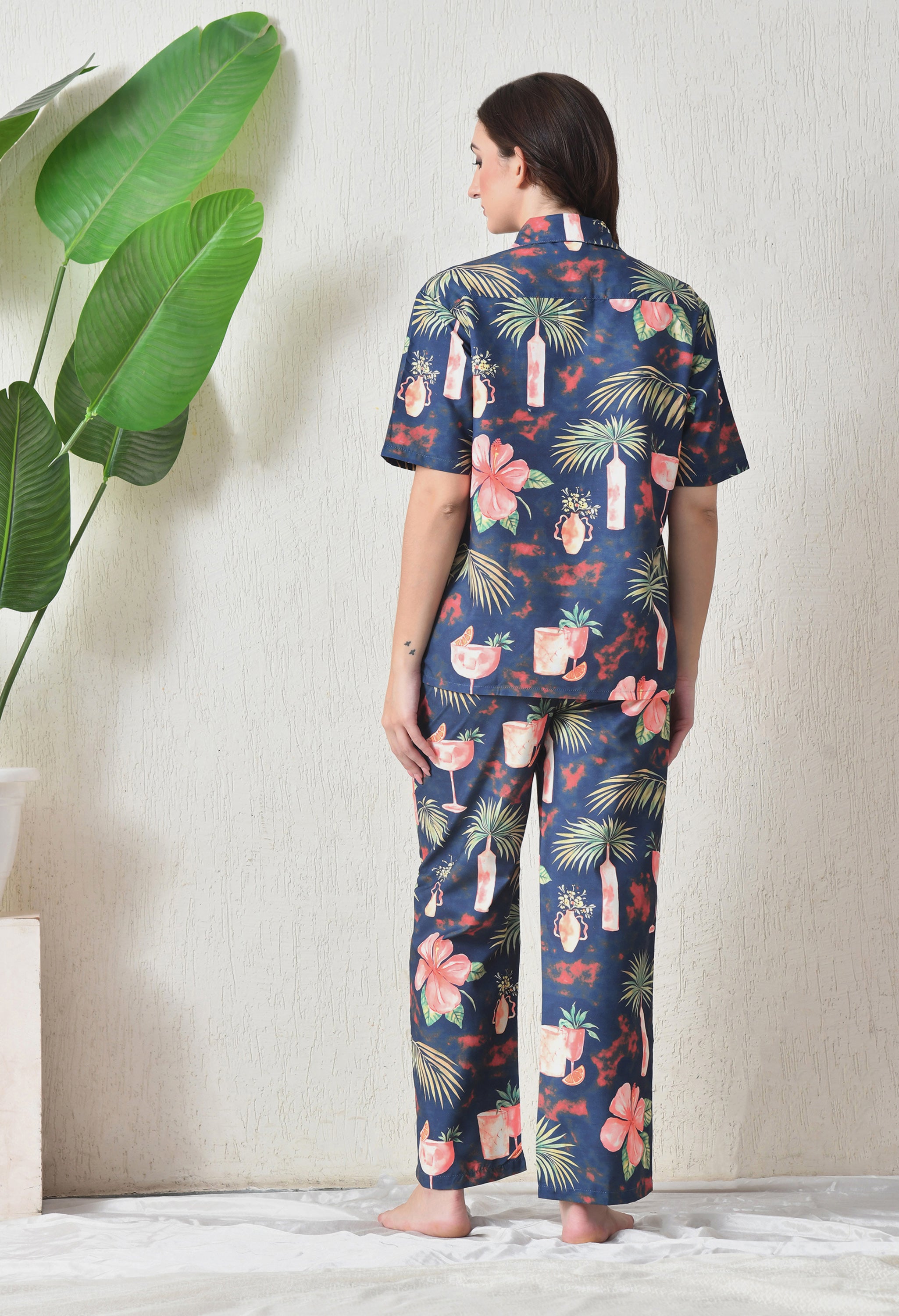 Navy Blue Tropical Cocktail Printed Japanese Blend Cotton Shirt & Pyjama Set by Ameerah