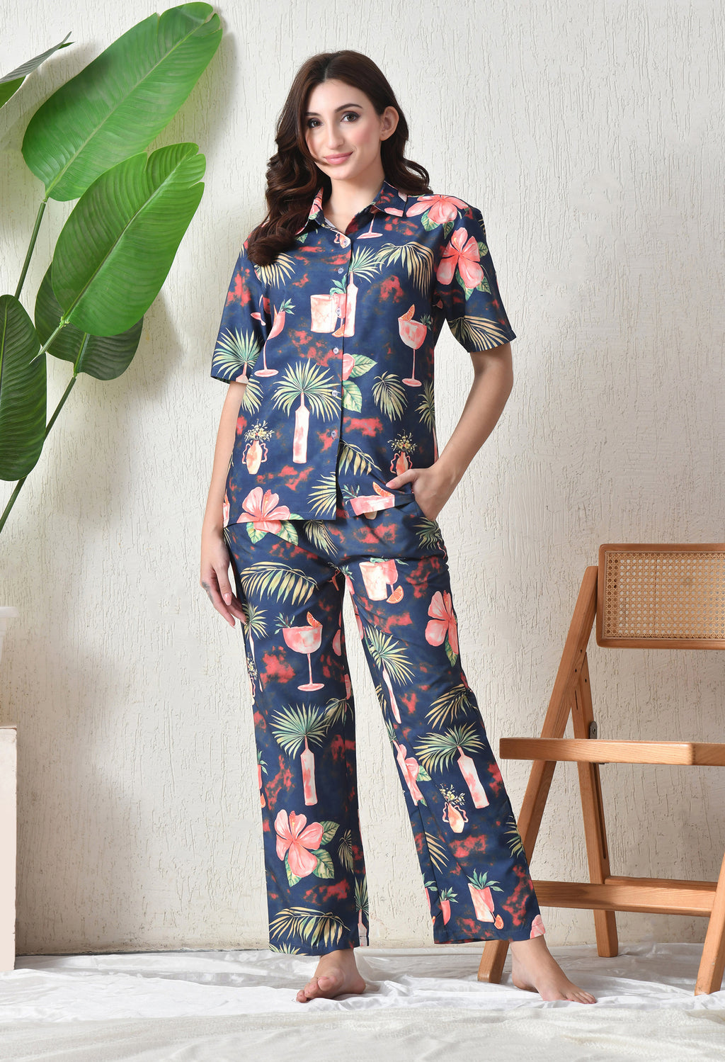 Navy Blue Tropical Cocktail Printed Japanese Blend Cotton Shirt & Pyjama Set by Ameerah