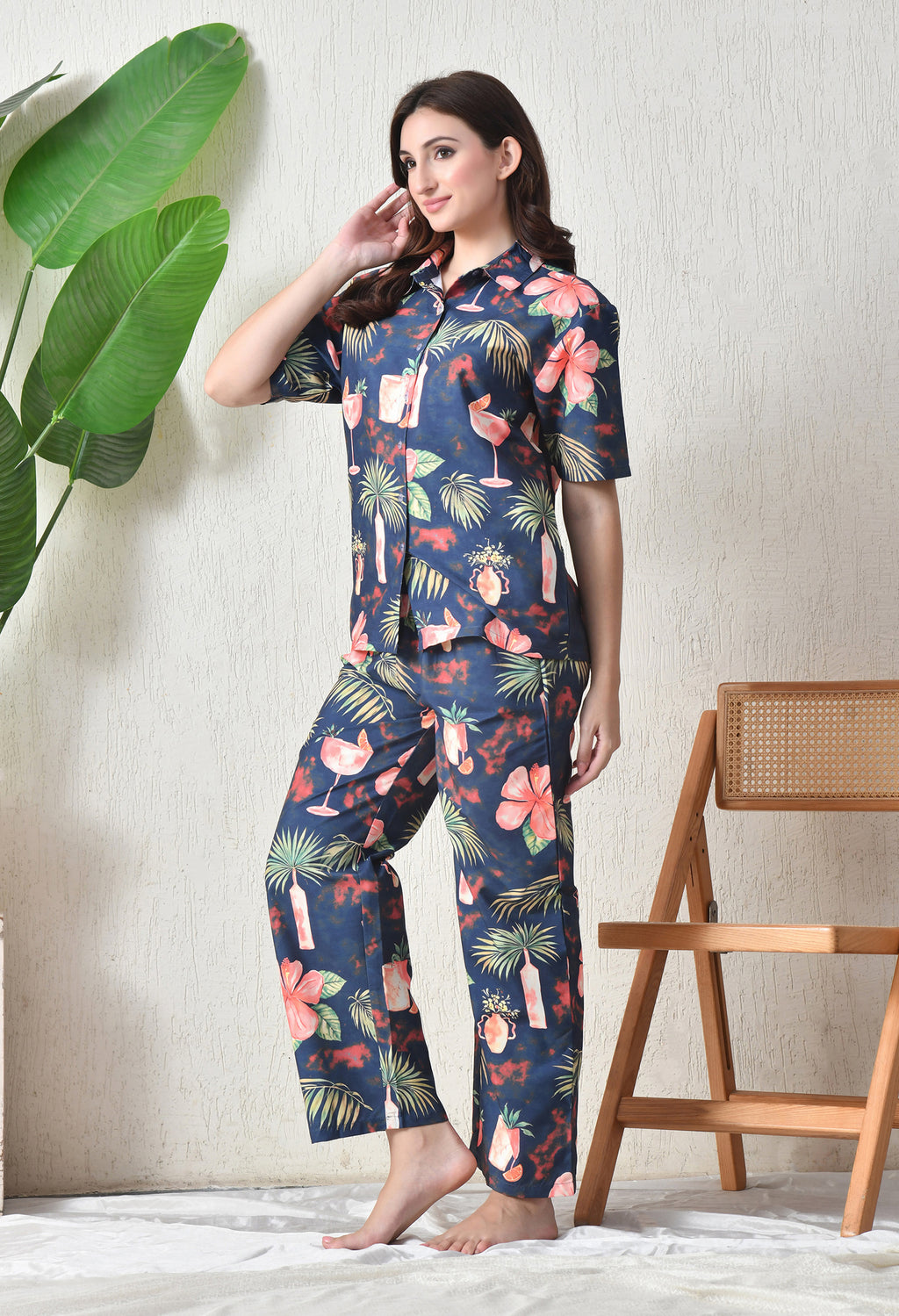 Navy Blue Tropical Cocktail Printed Japanese Blend Cotton Shirt & Pyjama Set by Ameerah