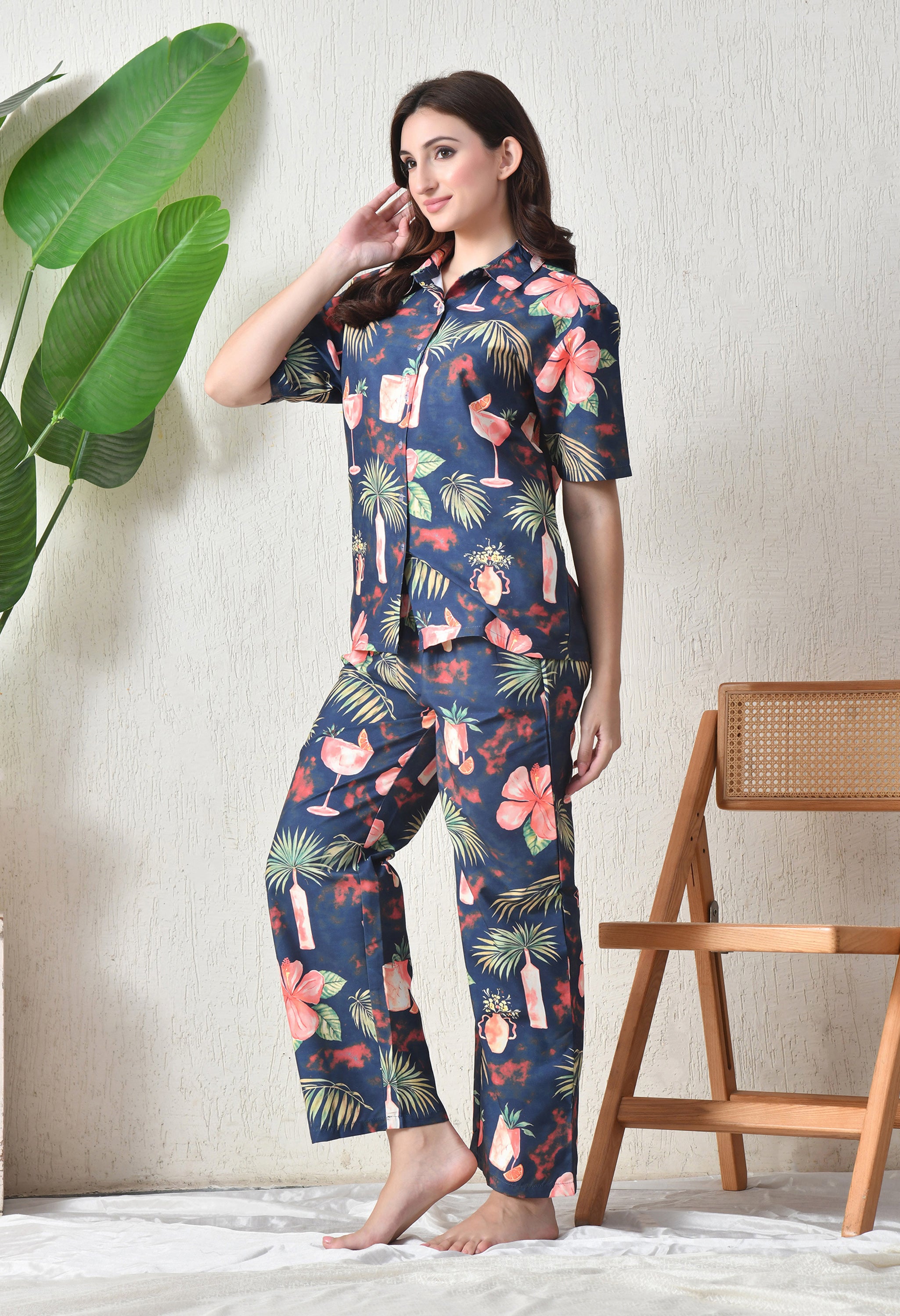 Navy Blue Tropical Cocktail Printed Japanese Blend Cotton Shirt & Pyjama Set by Ameerah