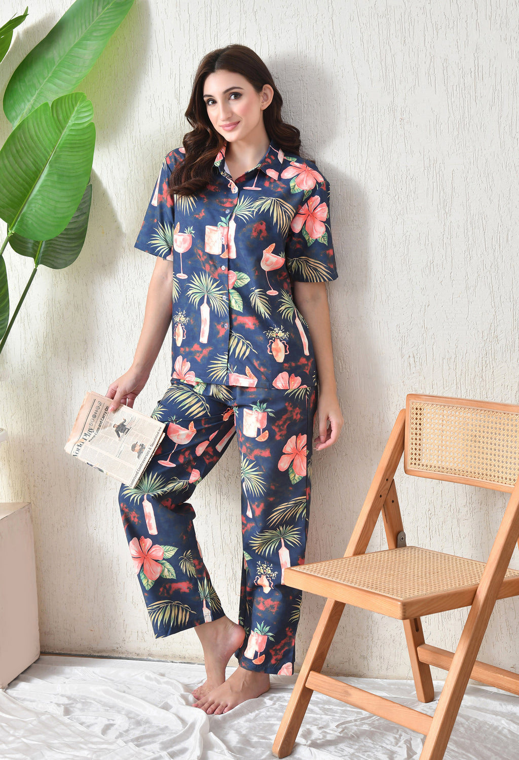 Navy Blue Tropical Cocktail Printed Japanese Blend Cotton Shirt & Pyjama Set by Ameerah