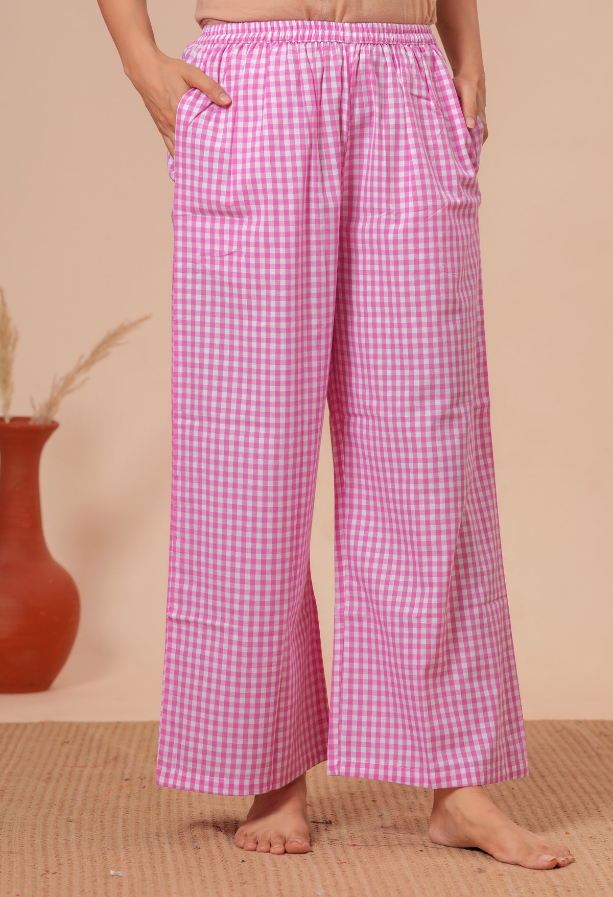 Gingham Checks Comfort Loom Pure Cotton Pink & White Nightsuit Set By Ameerah