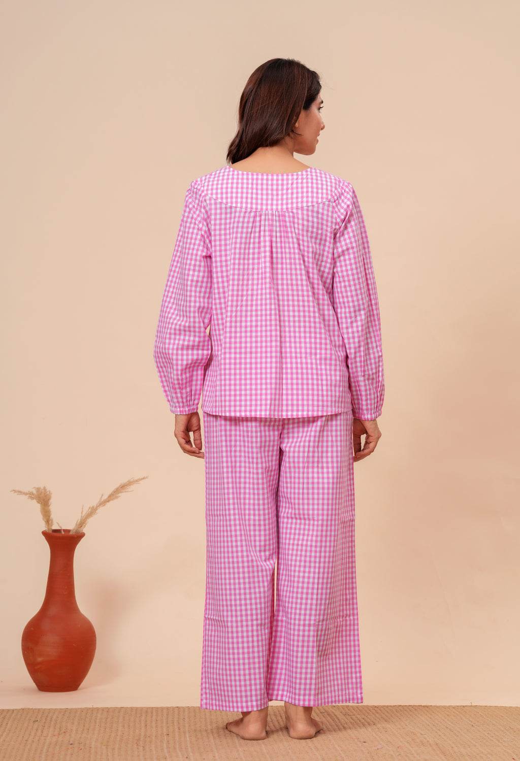 Gingham Checks Comfort Loom Pure Cotton Pink & White Nightsuit Set By Ameerah