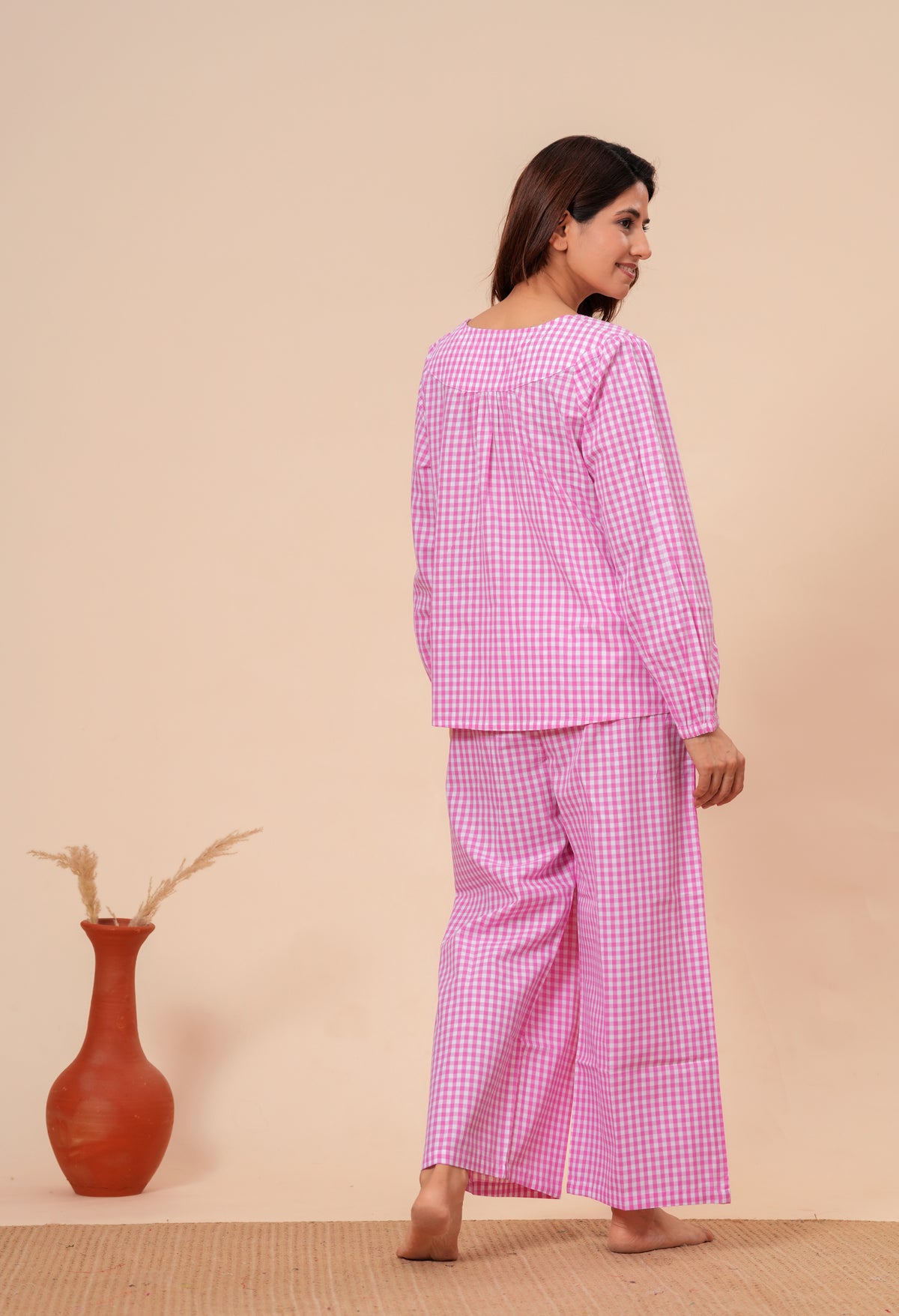 Gingham Checks Comfort Loom Pure Cotton Pink & White Nightsuit Set By Ameerah