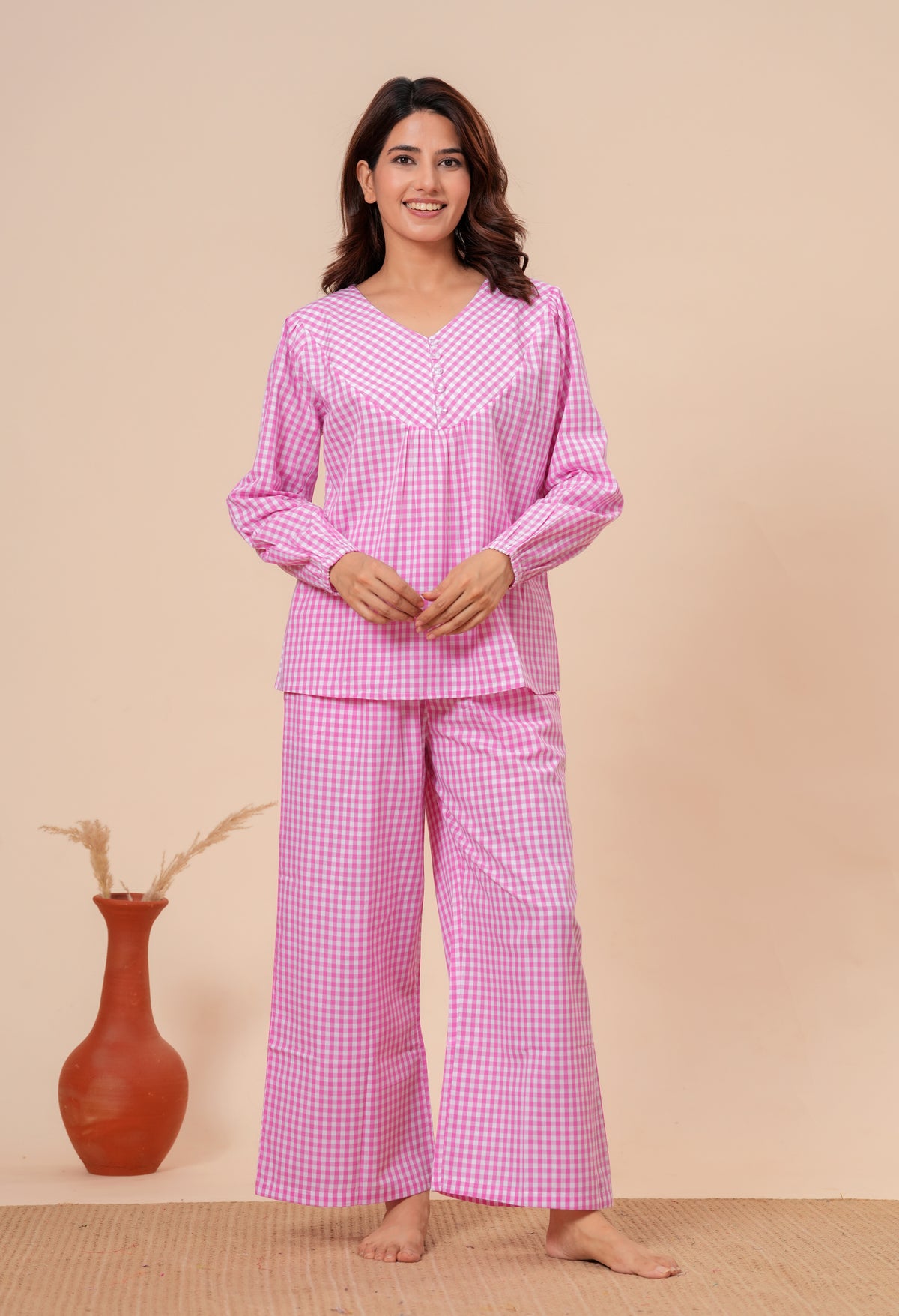 Gingham Checks Comfort Loom Pure Cotton Pink & White Nightsuit Set By Ameerah