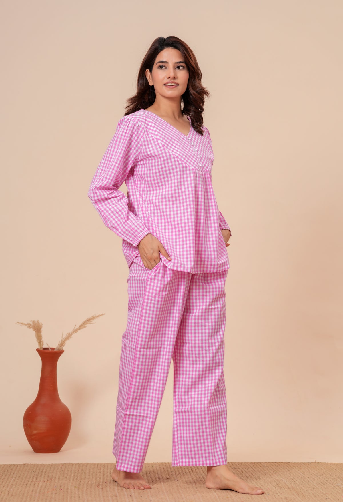 Gingham Checks Comfort Loom Pure Cotton Pink & White Nightsuit Set By Ameerah