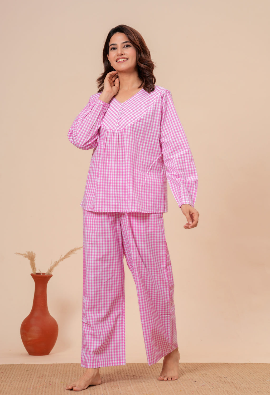 Gingham Checks Comfort Loom Pure Cotton Pink & White Nightsuit Set By Ameerah