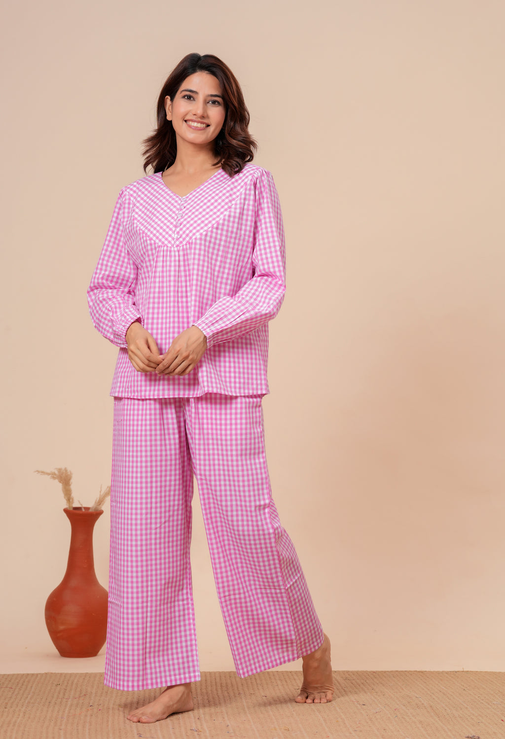 Gingham Checks Comfort Loom Pure Cotton Pink & White Nightsuit Set By Ameerah