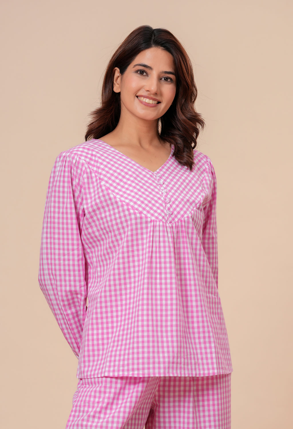 Gingham Checks Comfort Loom Pure Cotton Pink & White Nightsuit Set By Ameerah