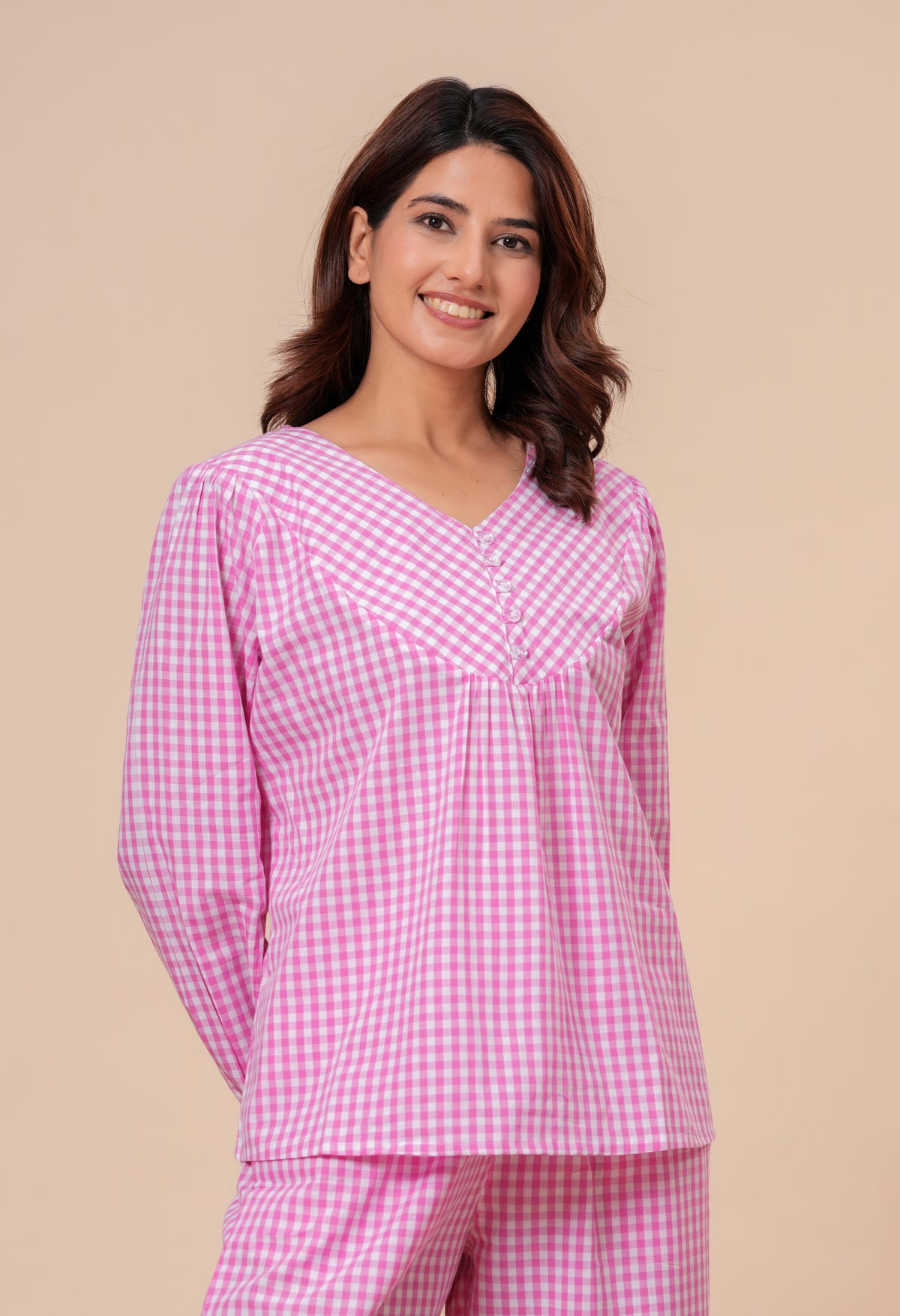 Gingham Checks Comfort Loom Pure Cotton Pink & White Nightsuit Set By Ameerah