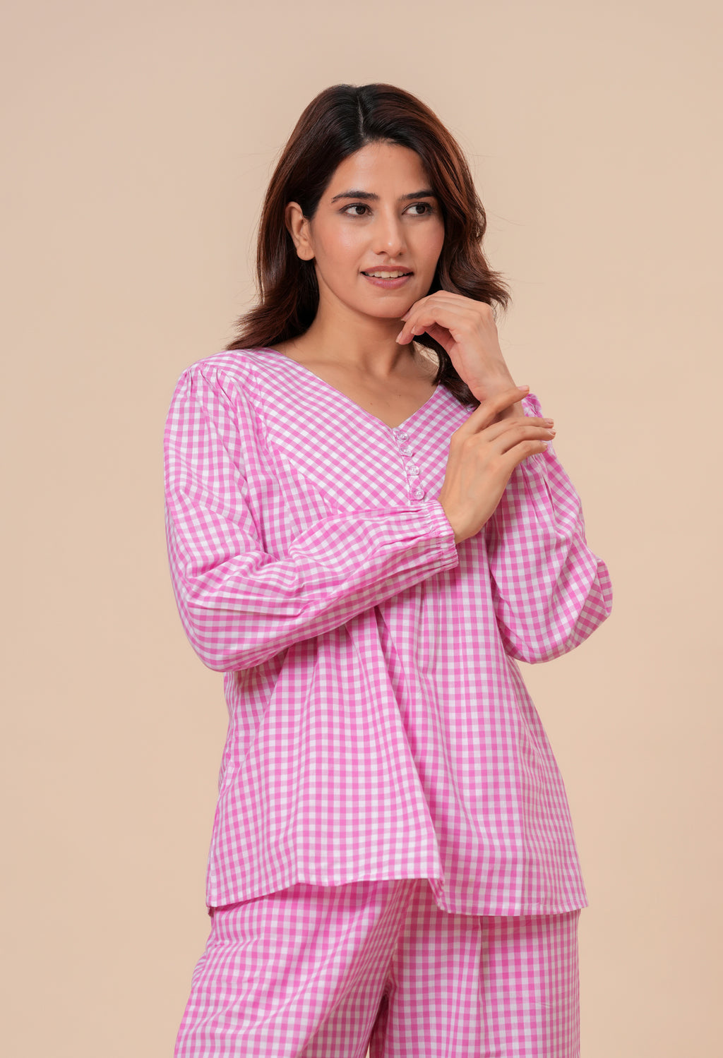 Gingham Checks Comfort Loom Pure Cotton Pink & White Nightsuit Set By Ameerah