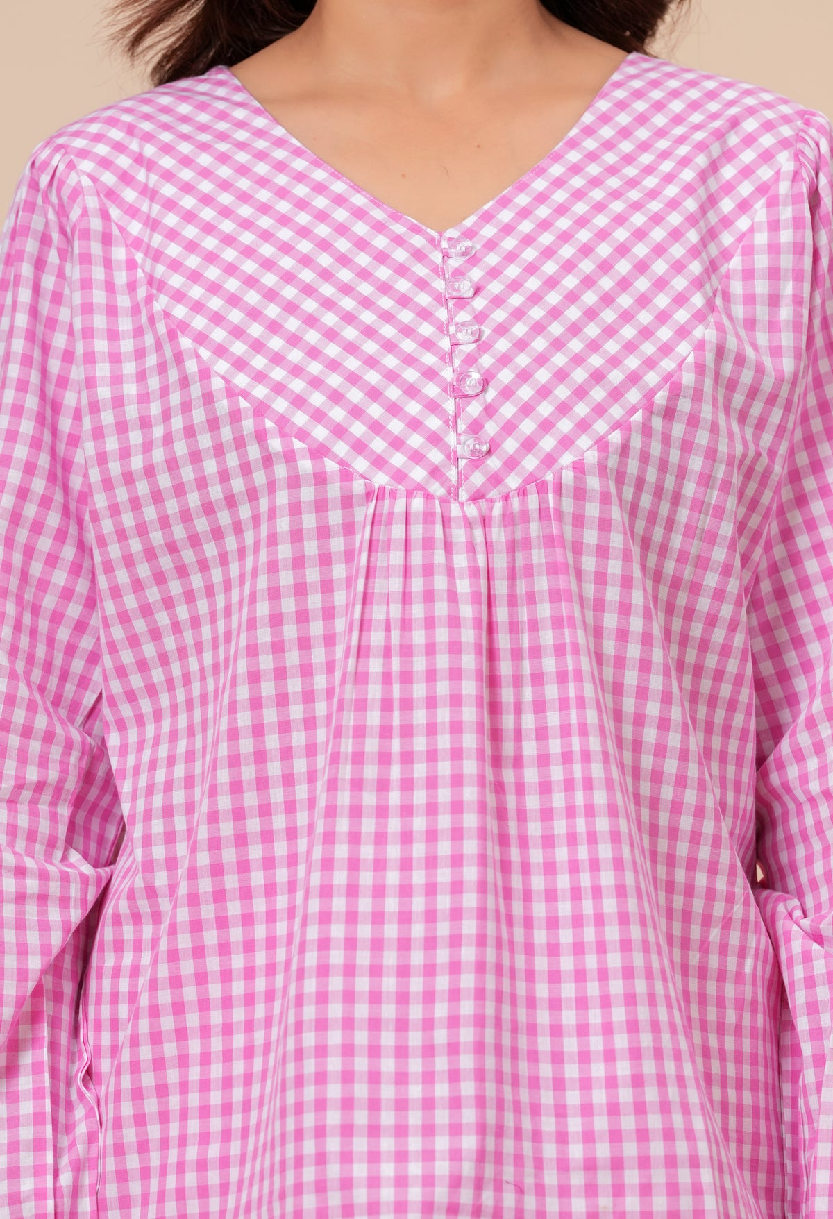 Gingham Checks Comfort Loom Pure Cotton Pink & White Nightsuit Set By Ameerah