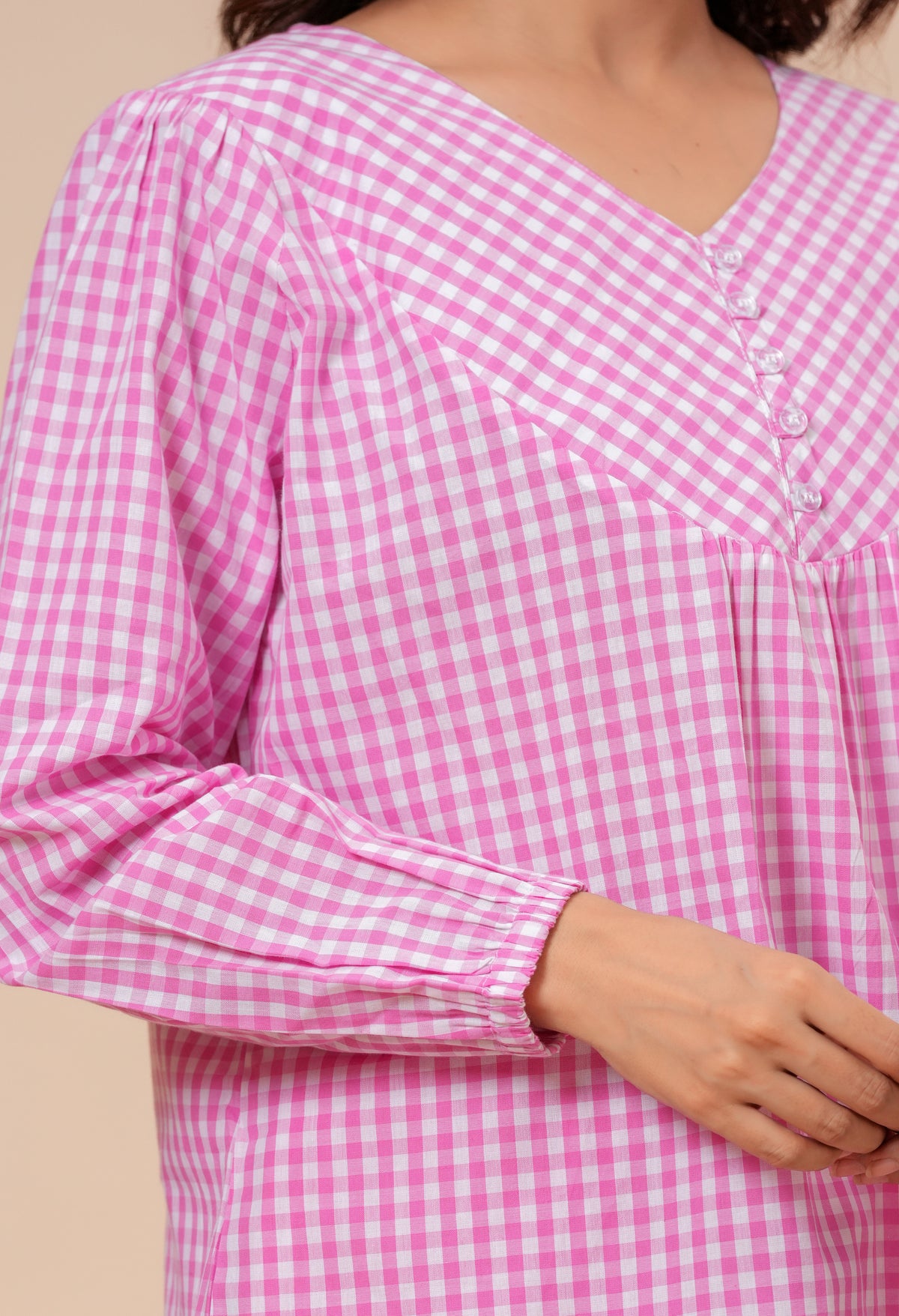 Gingham Checks Comfort Loom Pure Cotton Pink & White Nightsuit Set By Ameerah