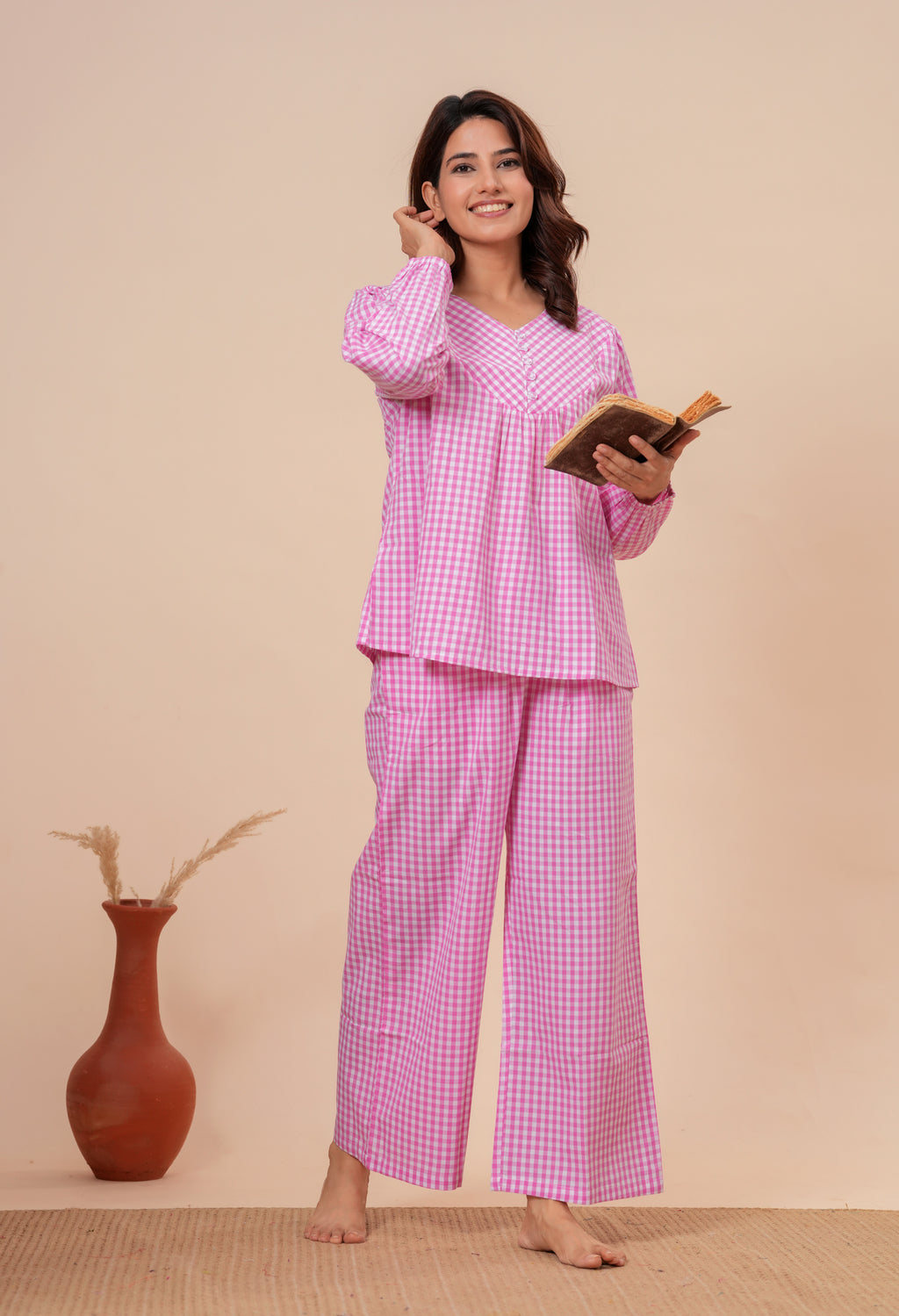 Gingham Checks Comfort Loom Pure Cotton Pink & White Nightsuit Set By Ameerah