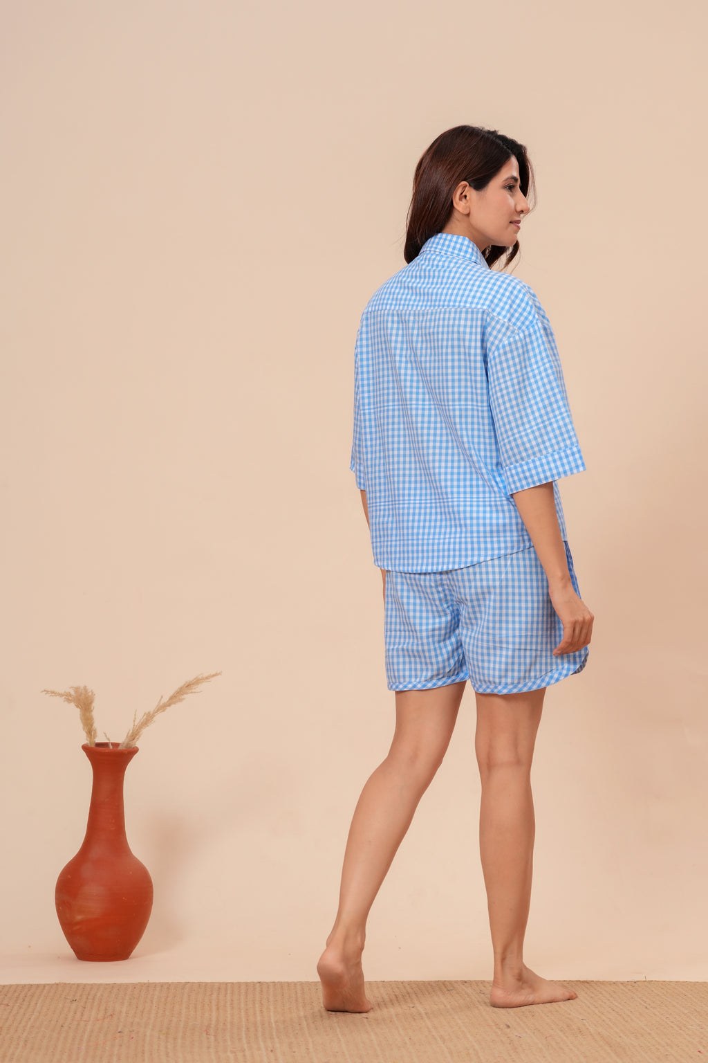 Gingham Checks Drop Shoulder Comfort Loom Pure Cotton Blue & White Short Set By Ameerah
