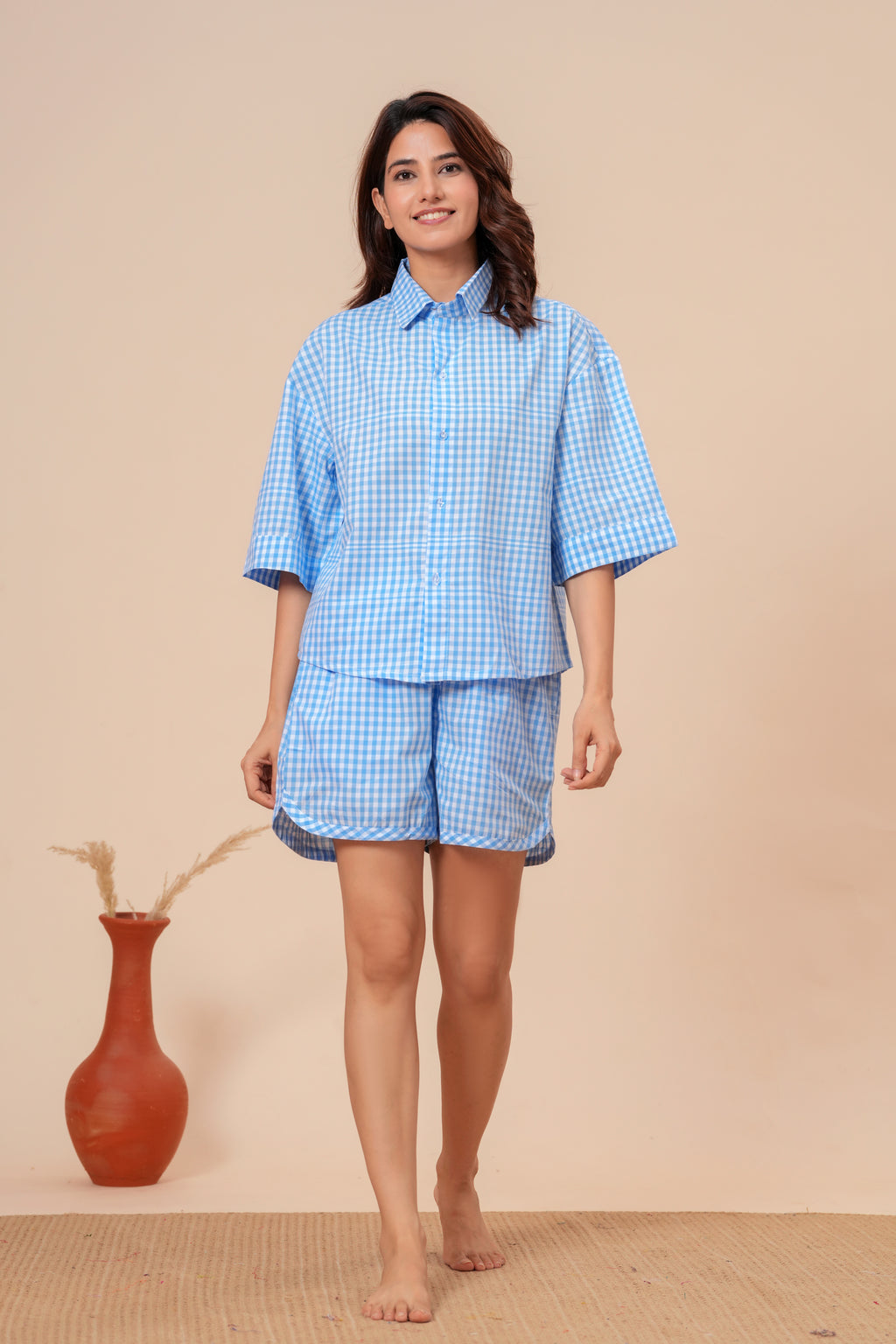 Gingham Checks Drop Shoulder Comfort Loom Pure Cotton Blue & White Short Set By Ameerah