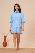 Gingham Checks Drop Shoulder Comfort Loom Pure Cotton Blue & White Short Set By Ameerah