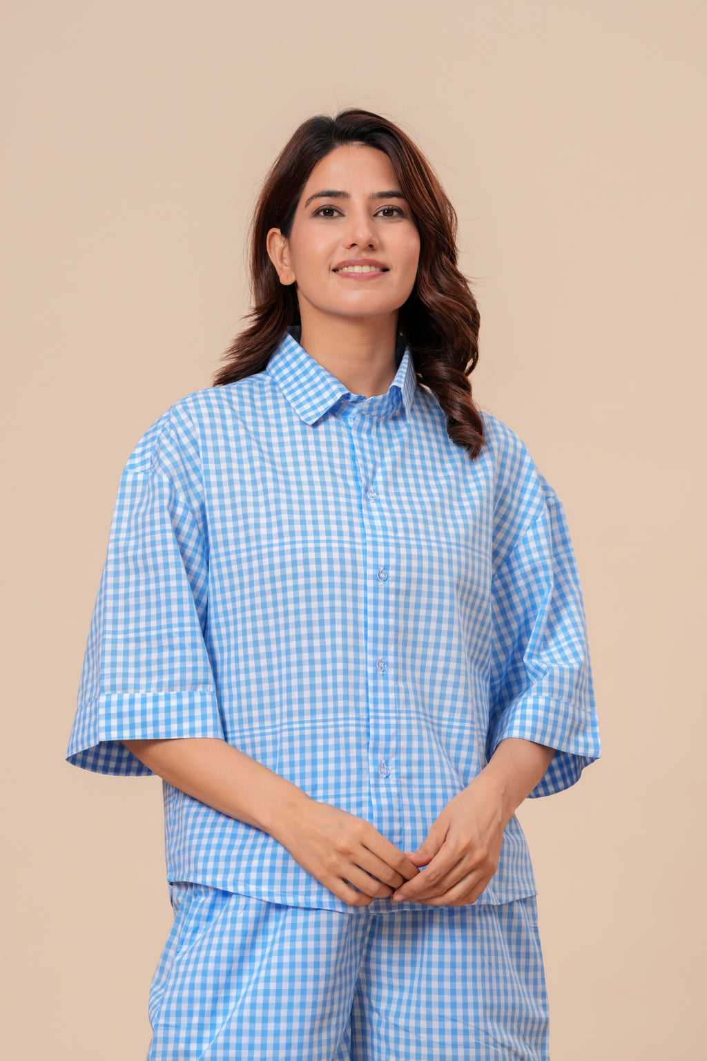 Gingham Checks Drop Shoulder Comfort Loom Pure Cotton Blue & White Short Set By Ameerah