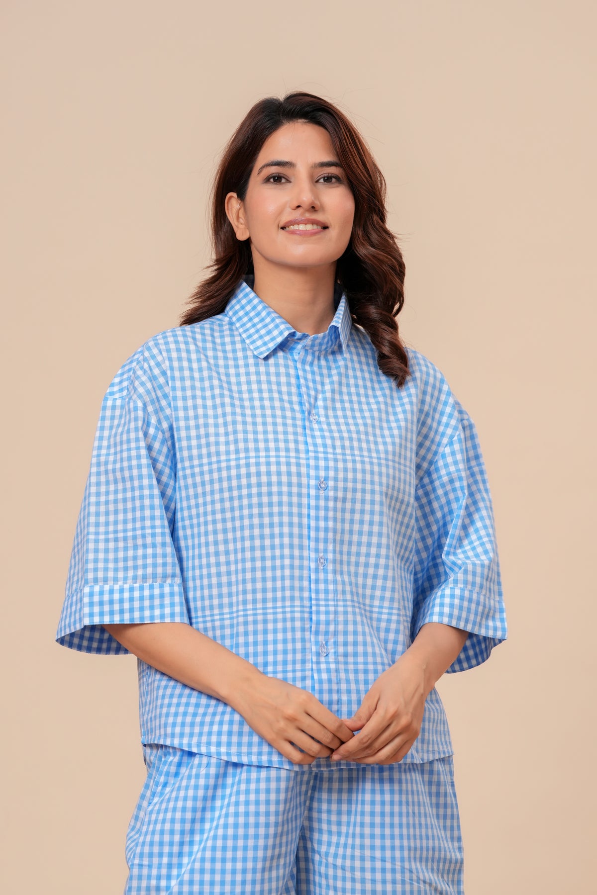 Gingham Checks Drop Shoulder Comfort Loom Pure Cotton Blue & White Short Set By Ameerah
