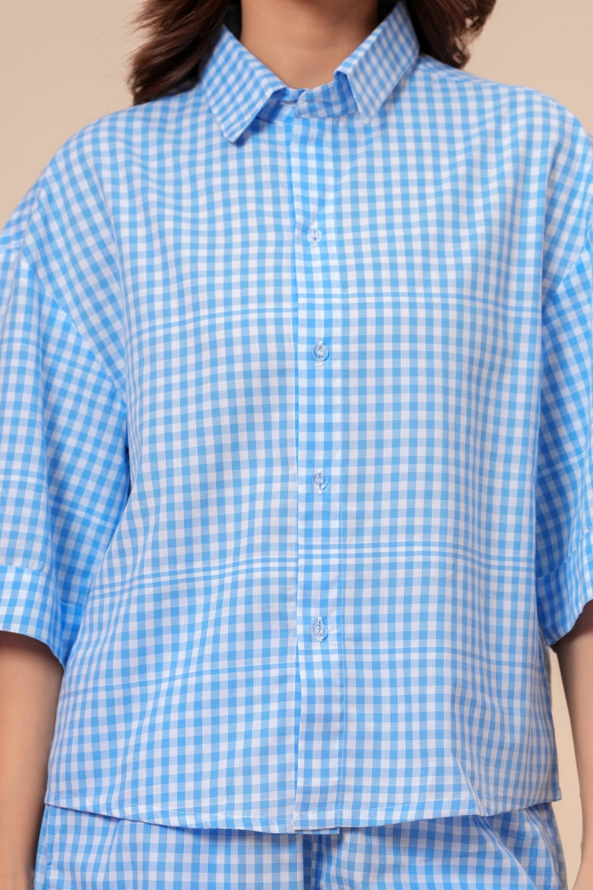 Gingham Checks Drop Shoulder Comfort Loom Pure Cotton Blue & White Short Set By Ameerah