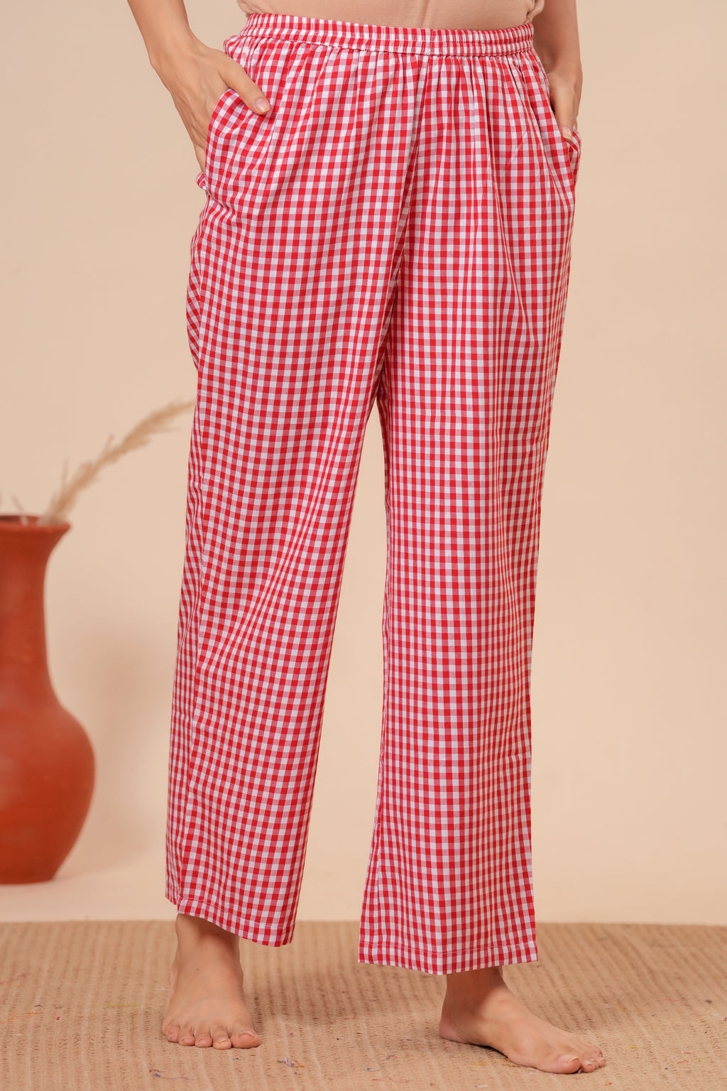 Gingham Checks Comfort Loom Pure Cotton Red & White Nightsuit Set By Ameerah