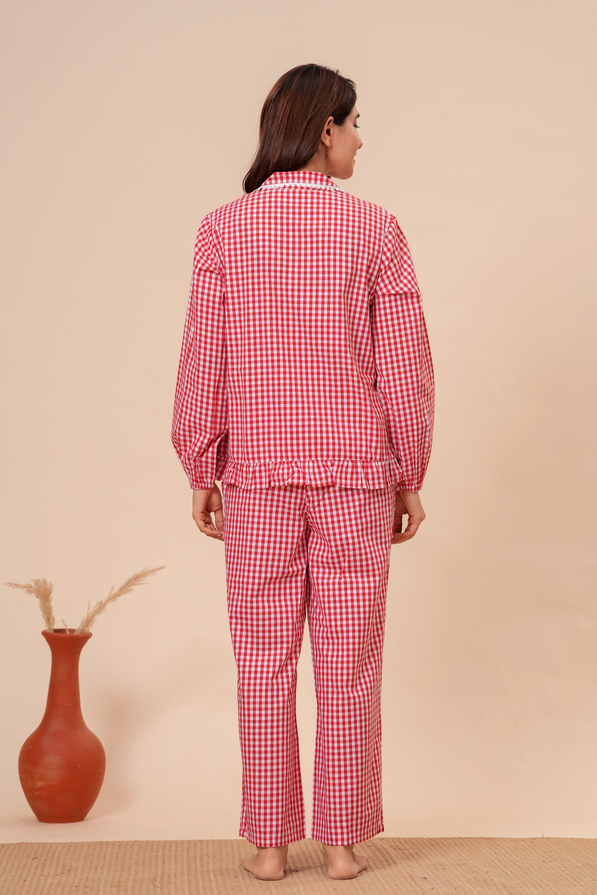 Gingham Checks Comfort Loom Pure Cotton Red & White Nightsuit Set By Ameerah