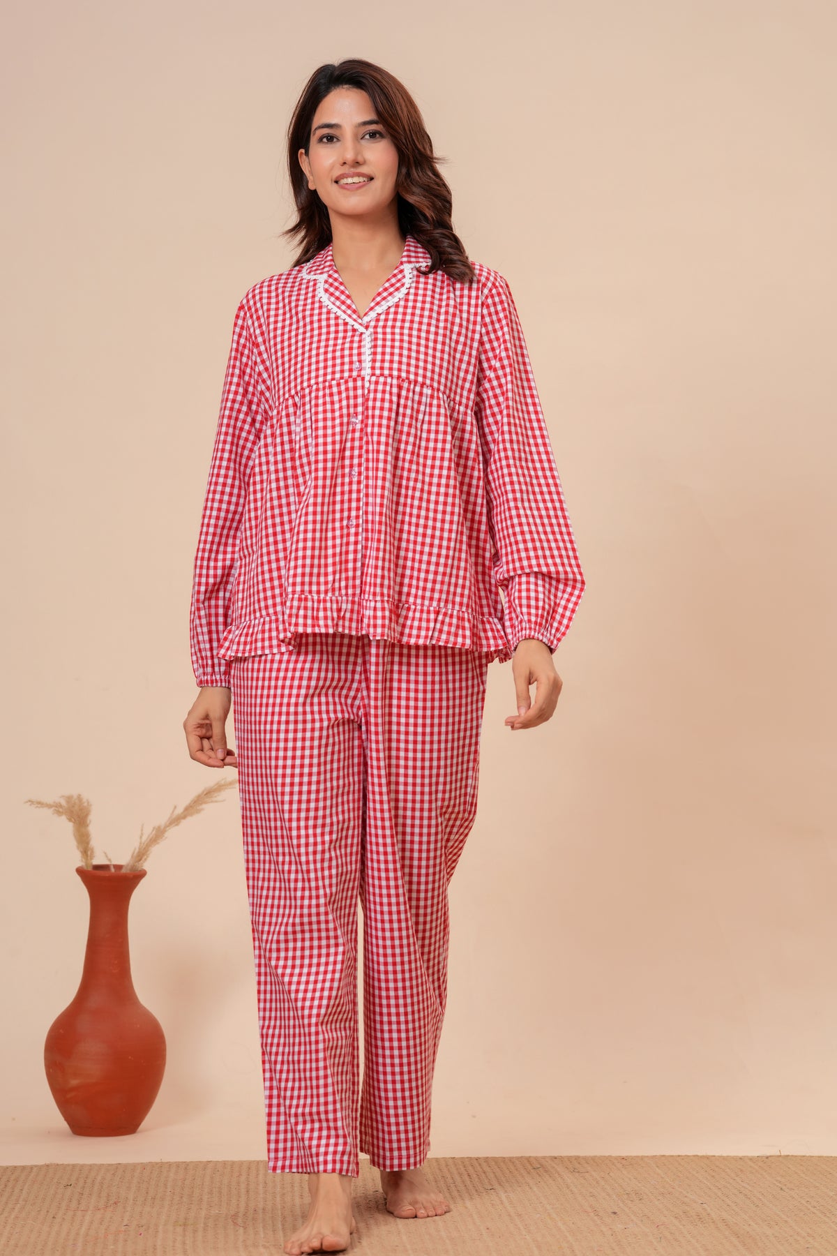 Gingham Checks Comfort Loom Pure Cotton Red & White Nightsuit Set By Ameerah