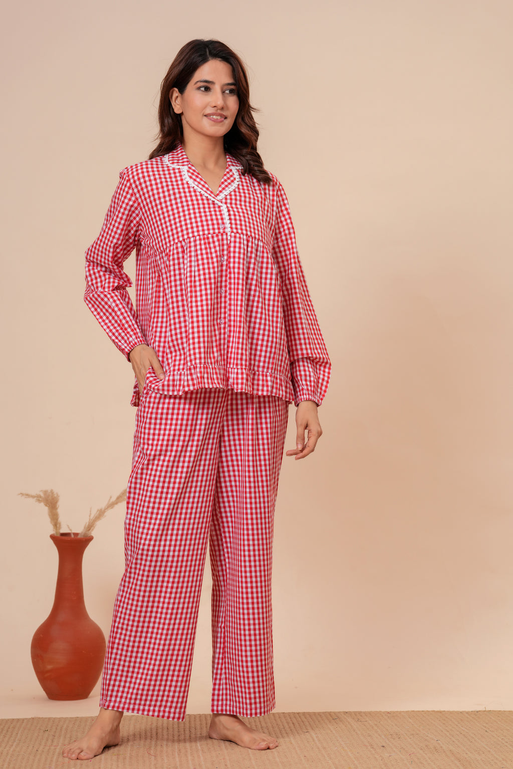 Gingham Checks Comfort Loom Pure Cotton Red & White Nightsuit Set By Ameerah