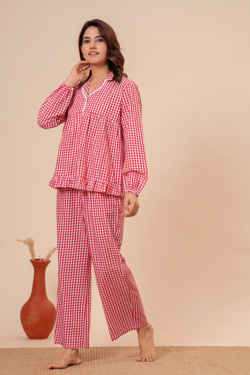 Gingham Checks Comfort Loom Pure Cotton Red & White Nightsuit Set By Ameerah