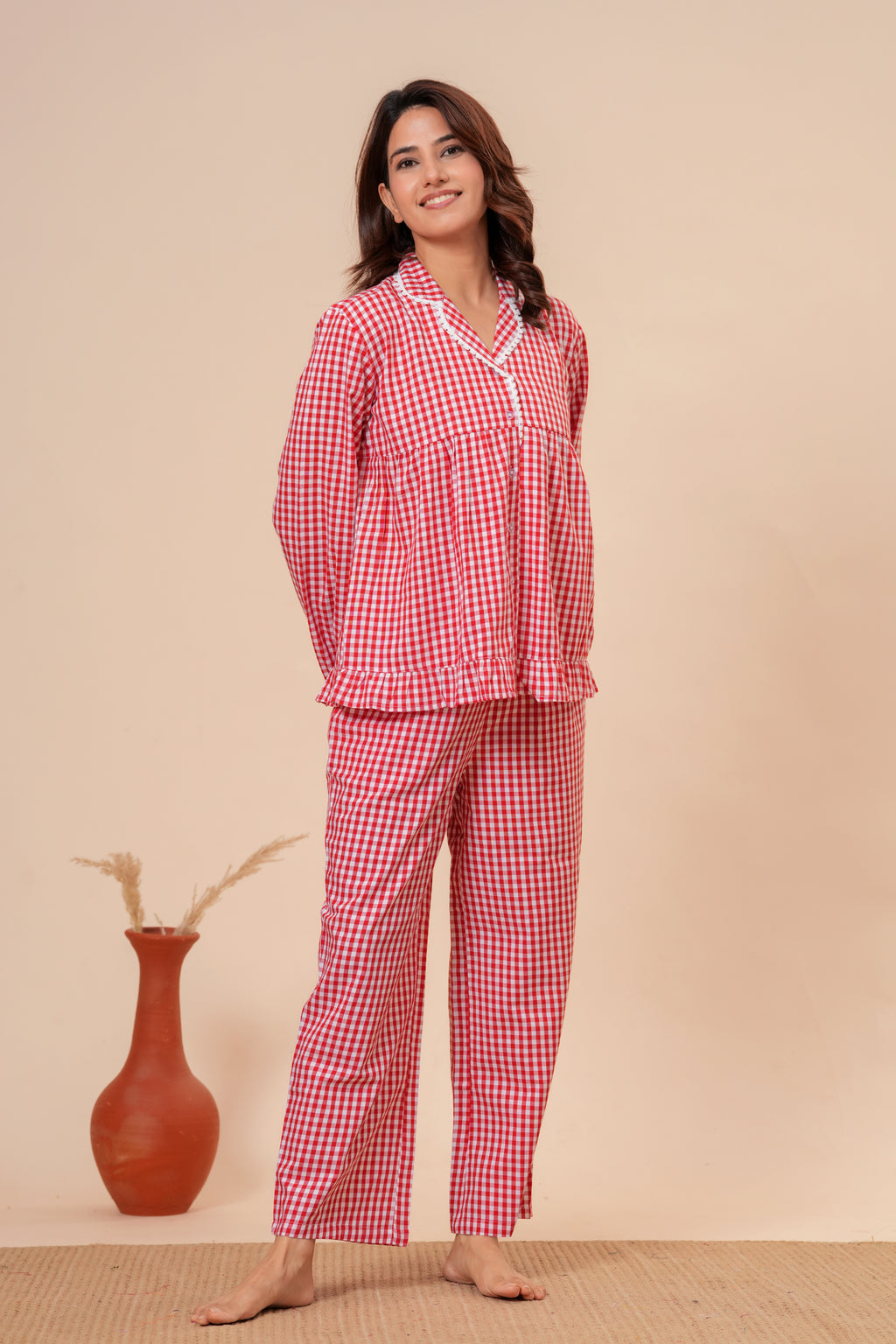 Gingham Checks Comfort Loom Pure Cotton Red & White Nightsuit Set By Ameerah