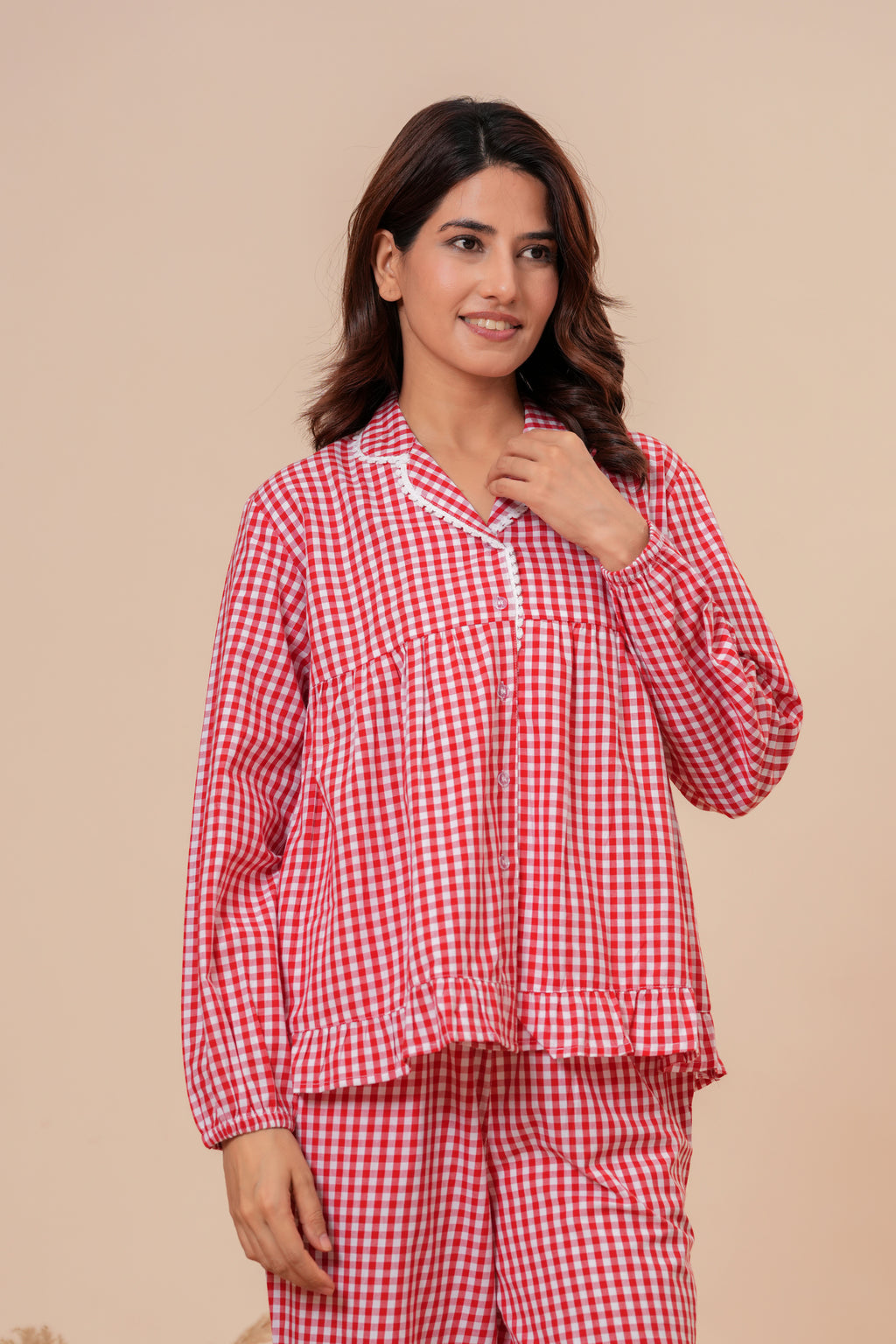 Gingham Checks Comfort Loom Pure Cotton Red & White Nightsuit Set By Ameerah