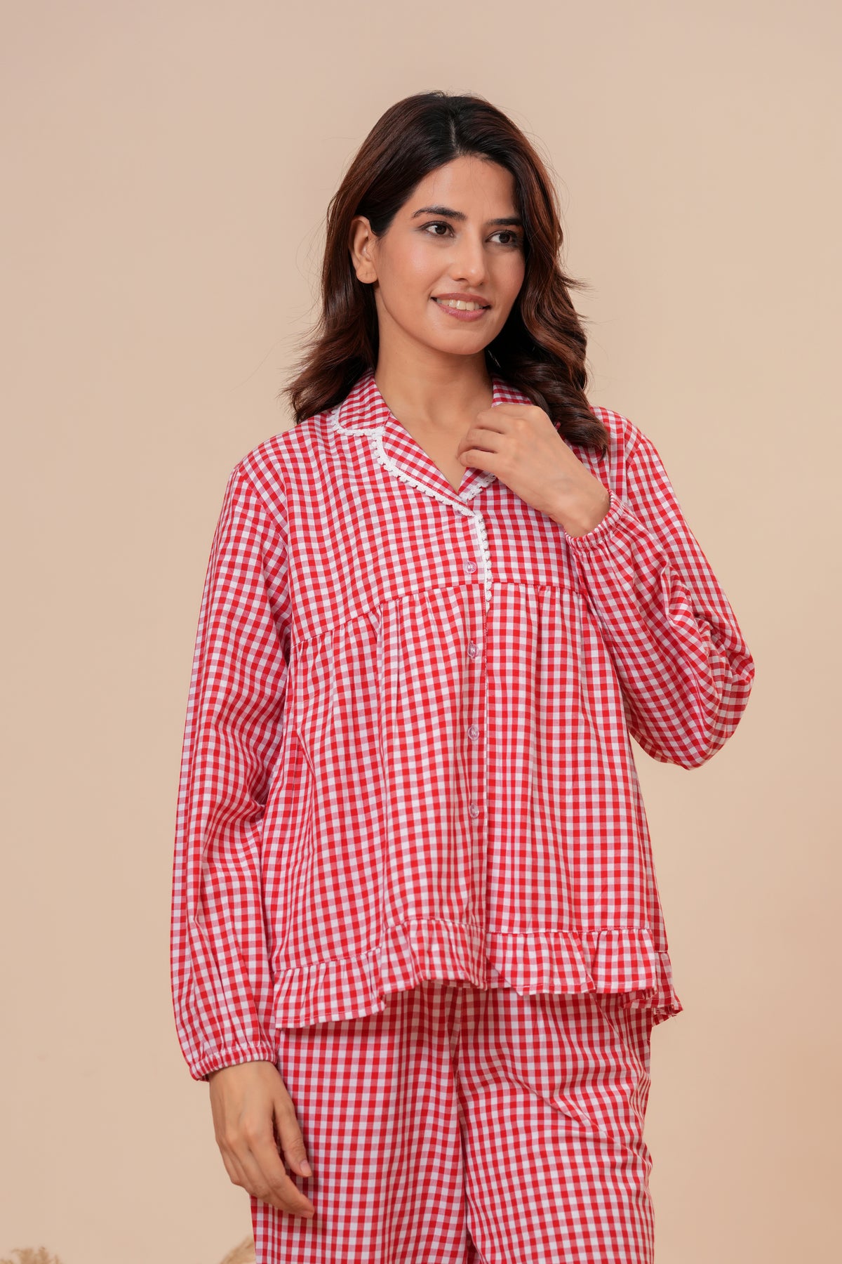 Gingham Checks Comfort Loom Pure Cotton Red & White Nightsuit Set By Ameerah