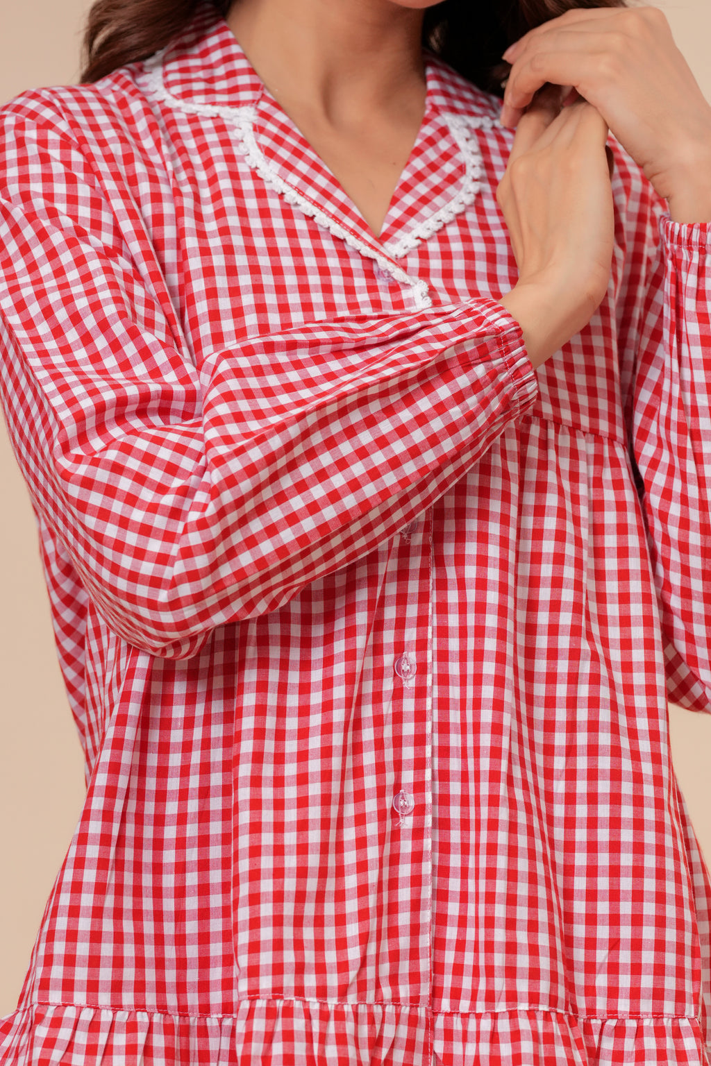 Gingham Checks Comfort Loom Pure Cotton Red & White Nightsuit Set By Ameerah