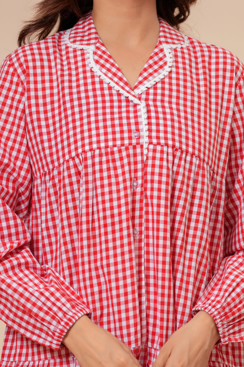 Gingham Checks Comfort Loom Pure Cotton Red & White Nightsuit Set By Ameerah