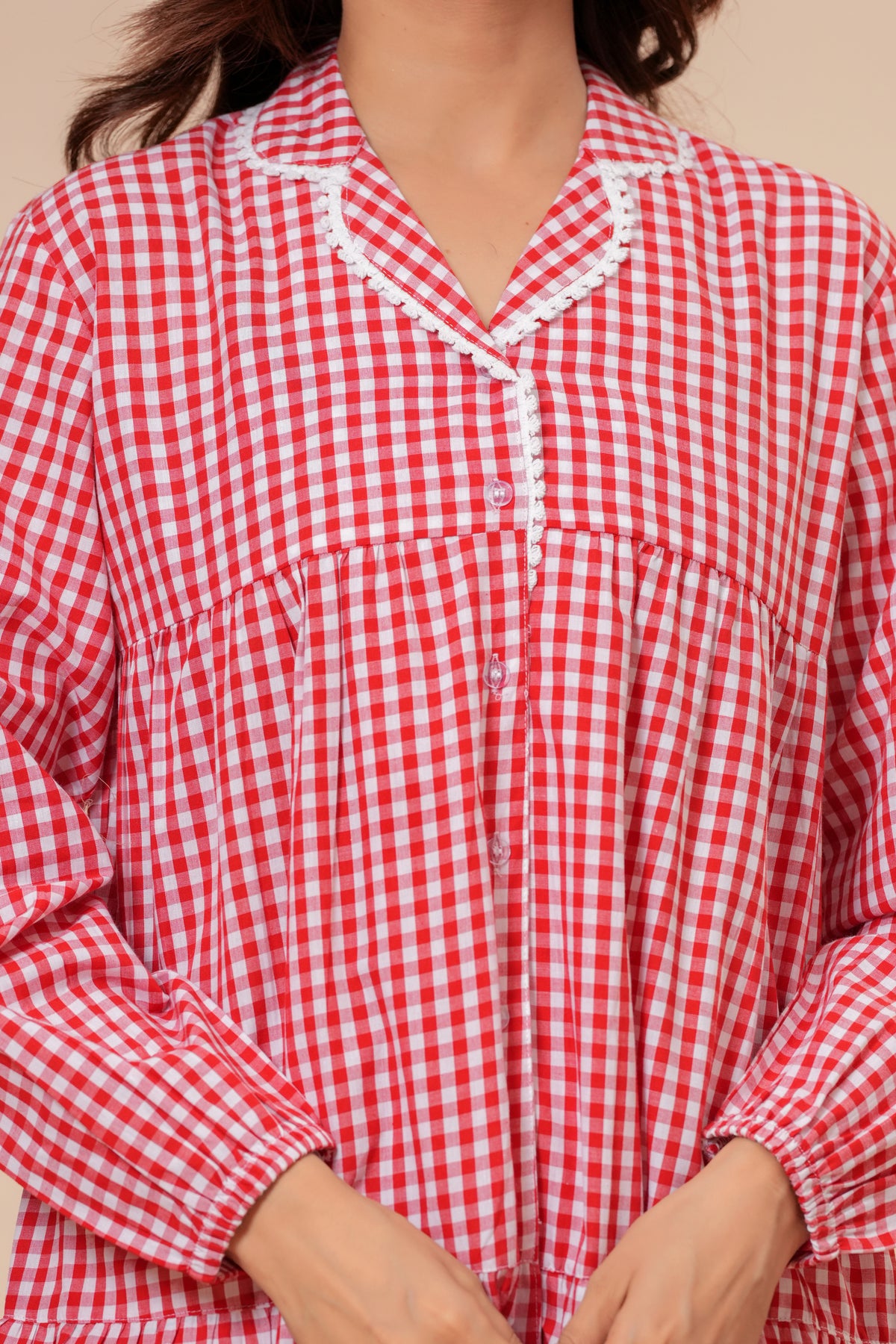 Gingham Checks Comfort Loom Pure Cotton Red & White Nightsuit Set By Ameerah
