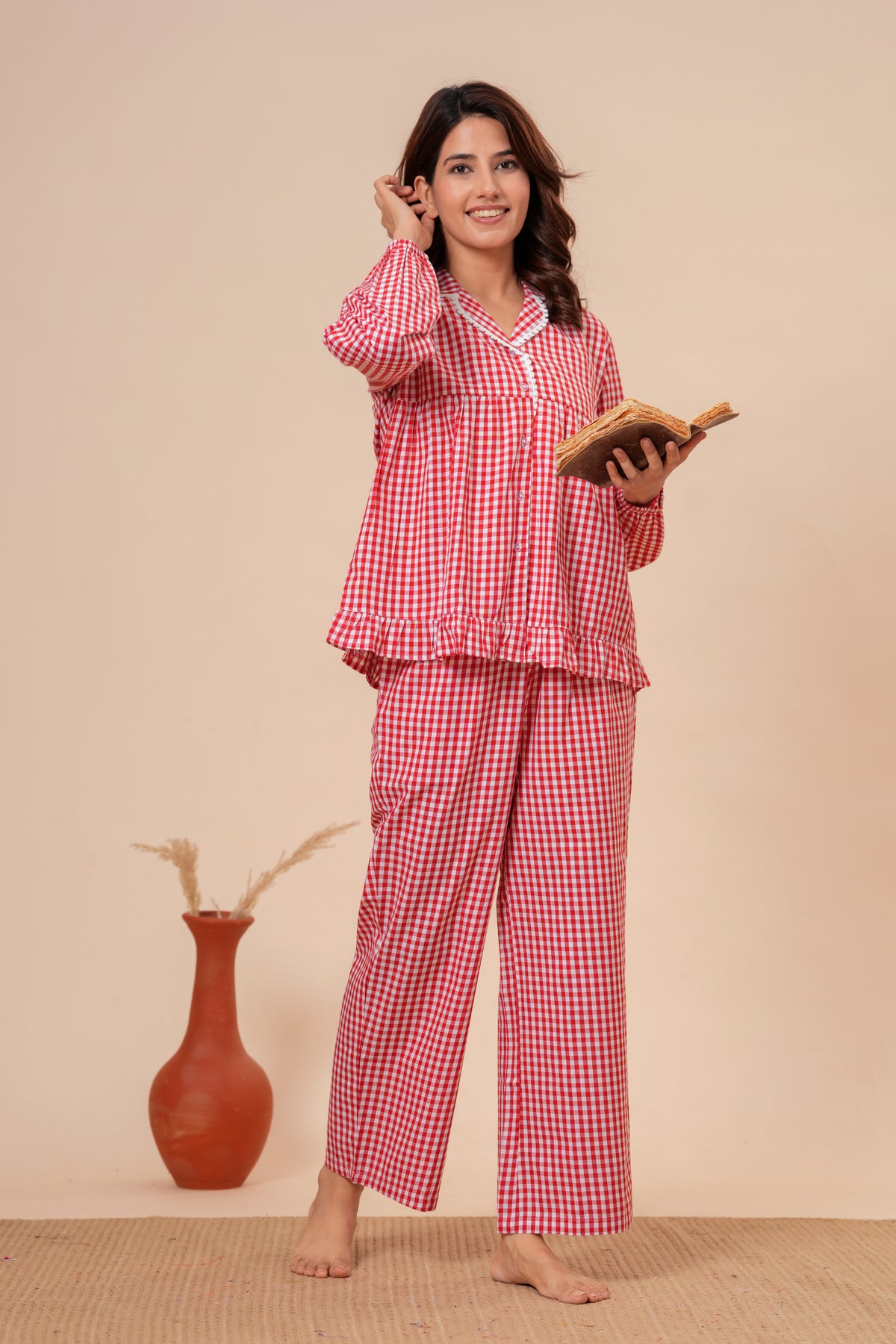 Gingham Checks Comfort Loom Pure Cotton Red & White Nightsuit Set By Ameerah