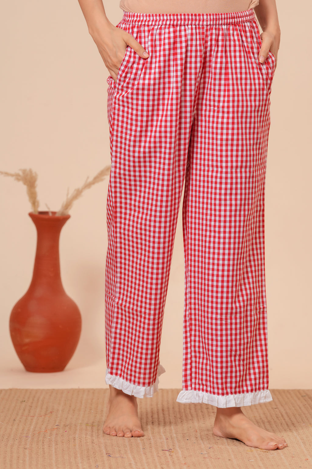 Gingham Checks Comfort Loom Pure Cotton Red & White Nightsuit Set By Ameerah