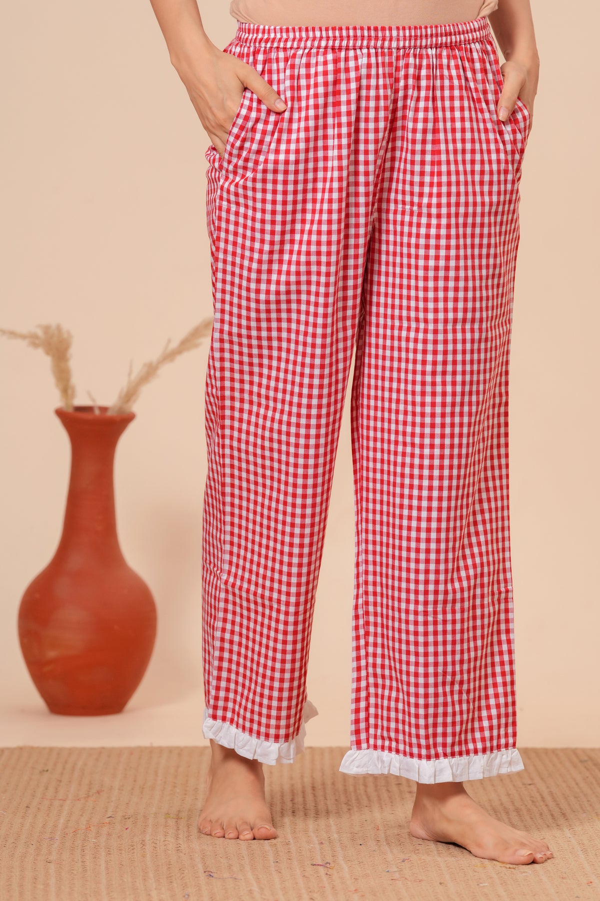 Gingham Checks Comfort Loom Pure Cotton Red & White Nightsuit Set By Ameerah