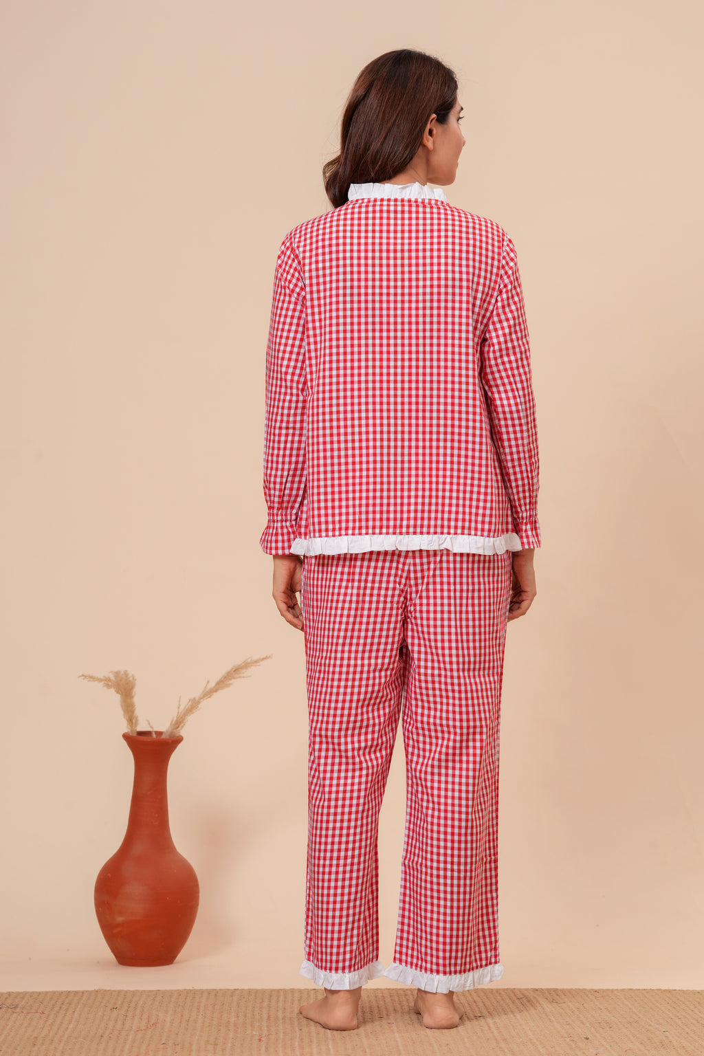 Gingham Checks Comfort Loom Pure Cotton Red & White Nightsuit Set By Ameerah