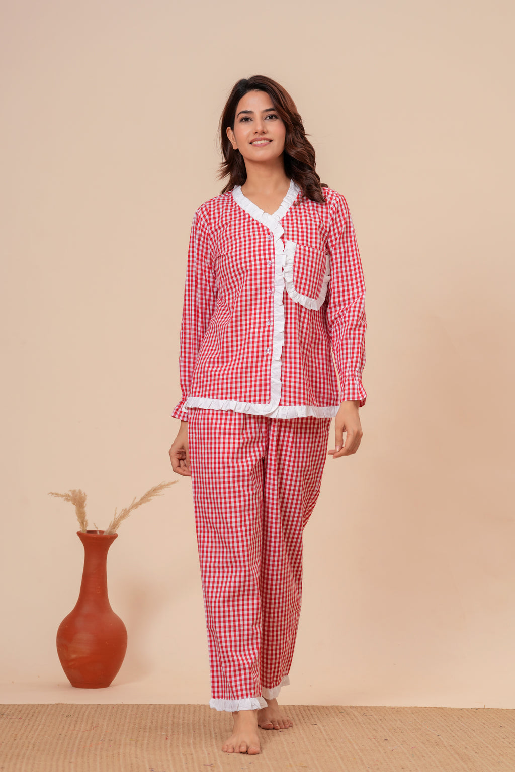 Gingham Checks Comfort Loom Pure Cotton Red & White Nightsuit Set By Ameerah