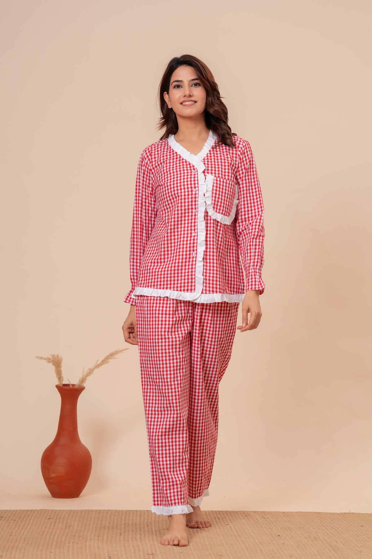 Gingham Checks Comfort Loom Pure Cotton Red & White Nightsuit Set By Ameerah