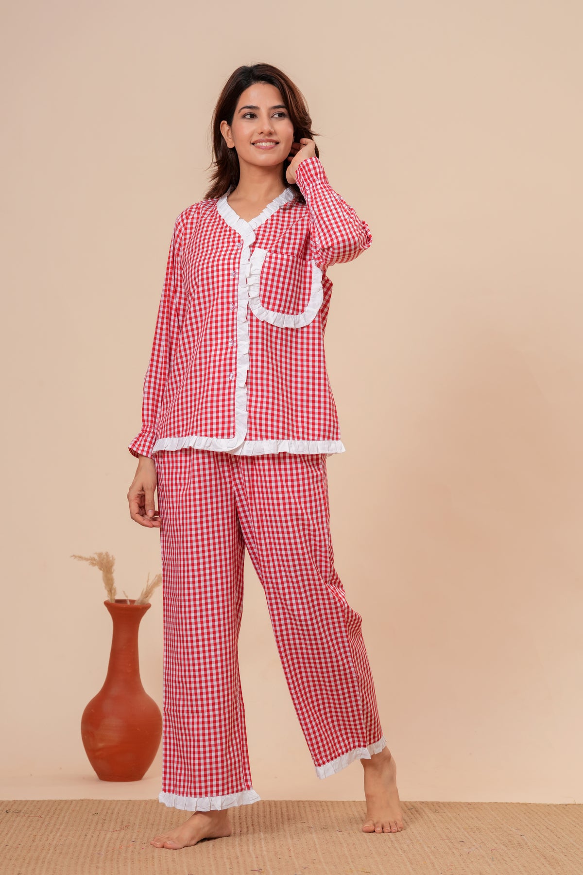 Gingham Checks Comfort Loom Pure Cotton Red & White Nightsuit Set By Ameerah