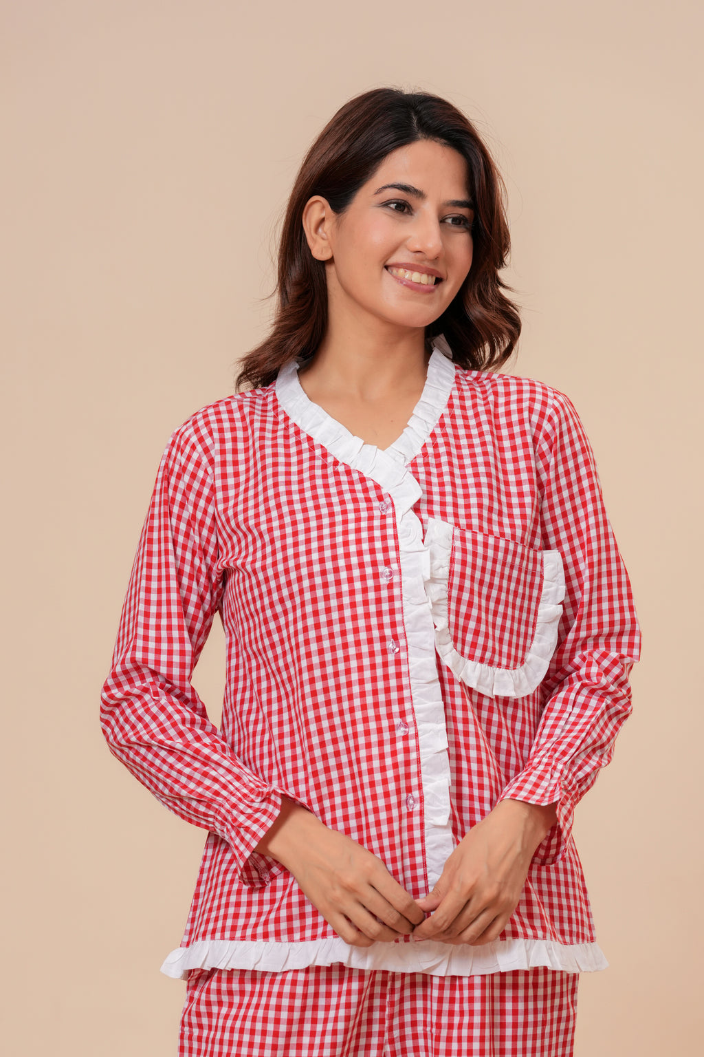 Gingham Checks Comfort Loom Pure Cotton Red & White Nightsuit Set By Ameerah