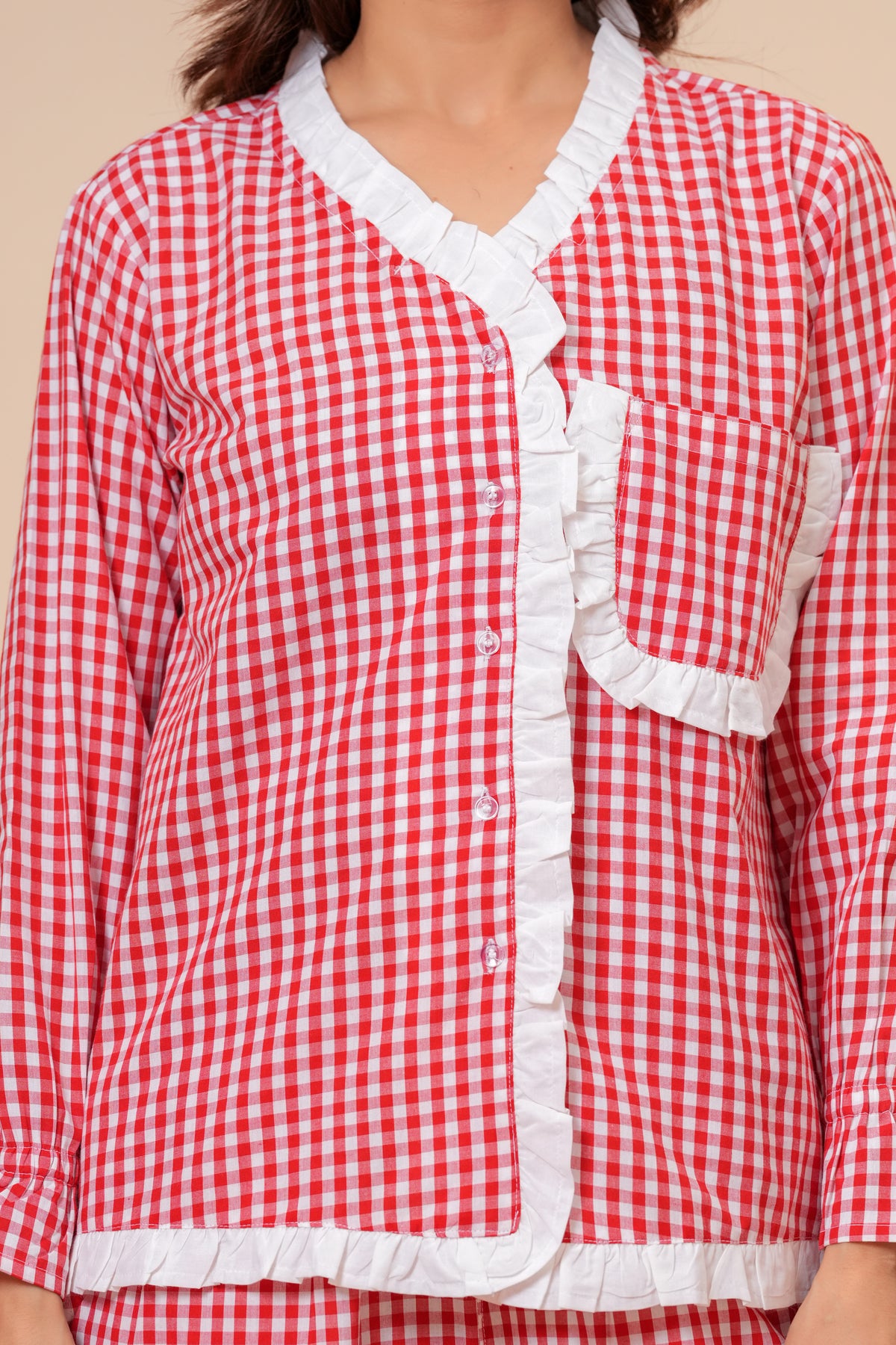 Gingham Checks Comfort Loom Pure Cotton Red & White Nightsuit Set By Ameerah