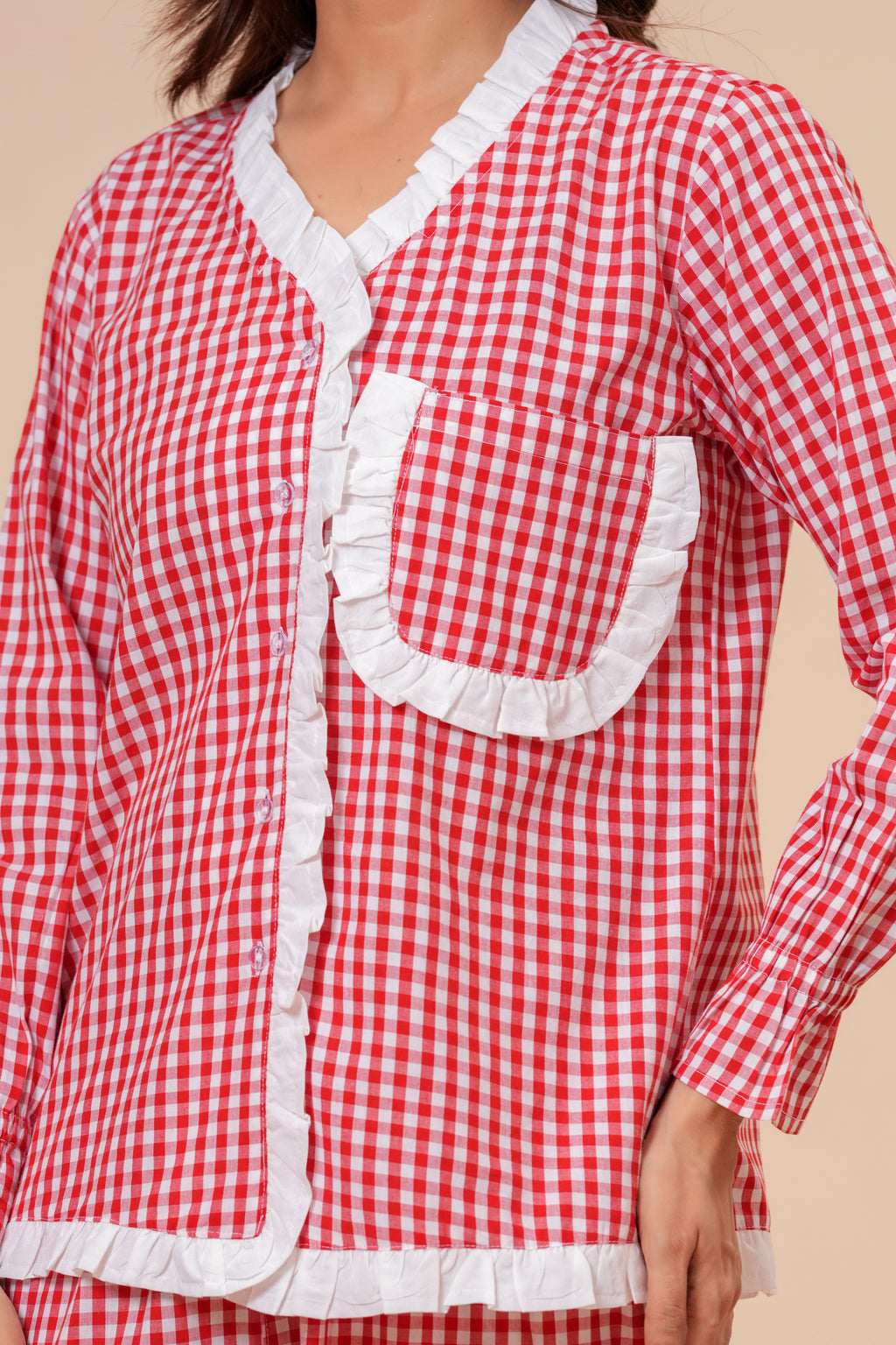 Gingham Checks Comfort Loom Pure Cotton Red & White Nightsuit Set By Ameerah