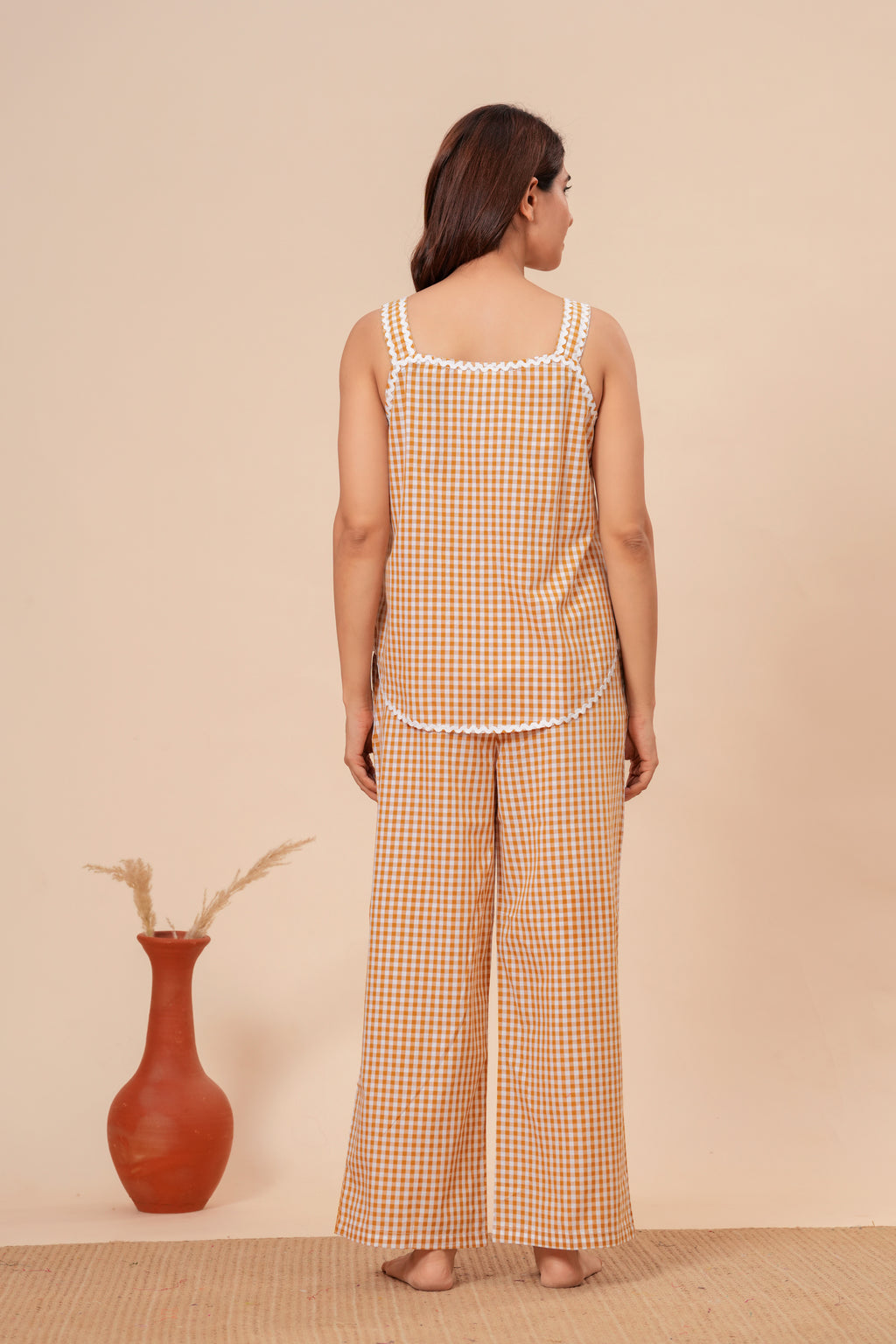 Yellow Mustard Gingham Checks Comfort Loom Pure Cotton Sleeveless Nightsuit Set By Ameerah