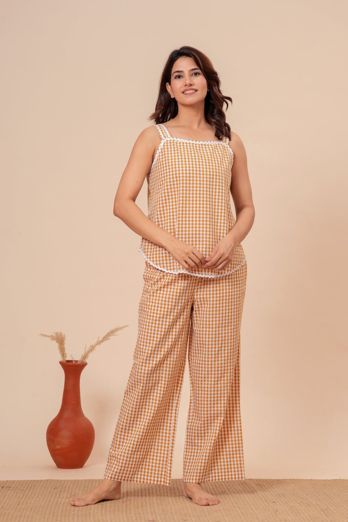 Yellow Mustard Gingham Checks Comfort Loom Pure Cotton Sleeveless Nightsuit Set By Ameerah