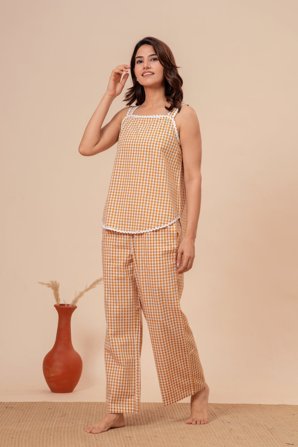 Yellow Mustard Gingham Checks Comfort Loom Pure Cotton Sleeveless Nightsuit Set By Ameerah